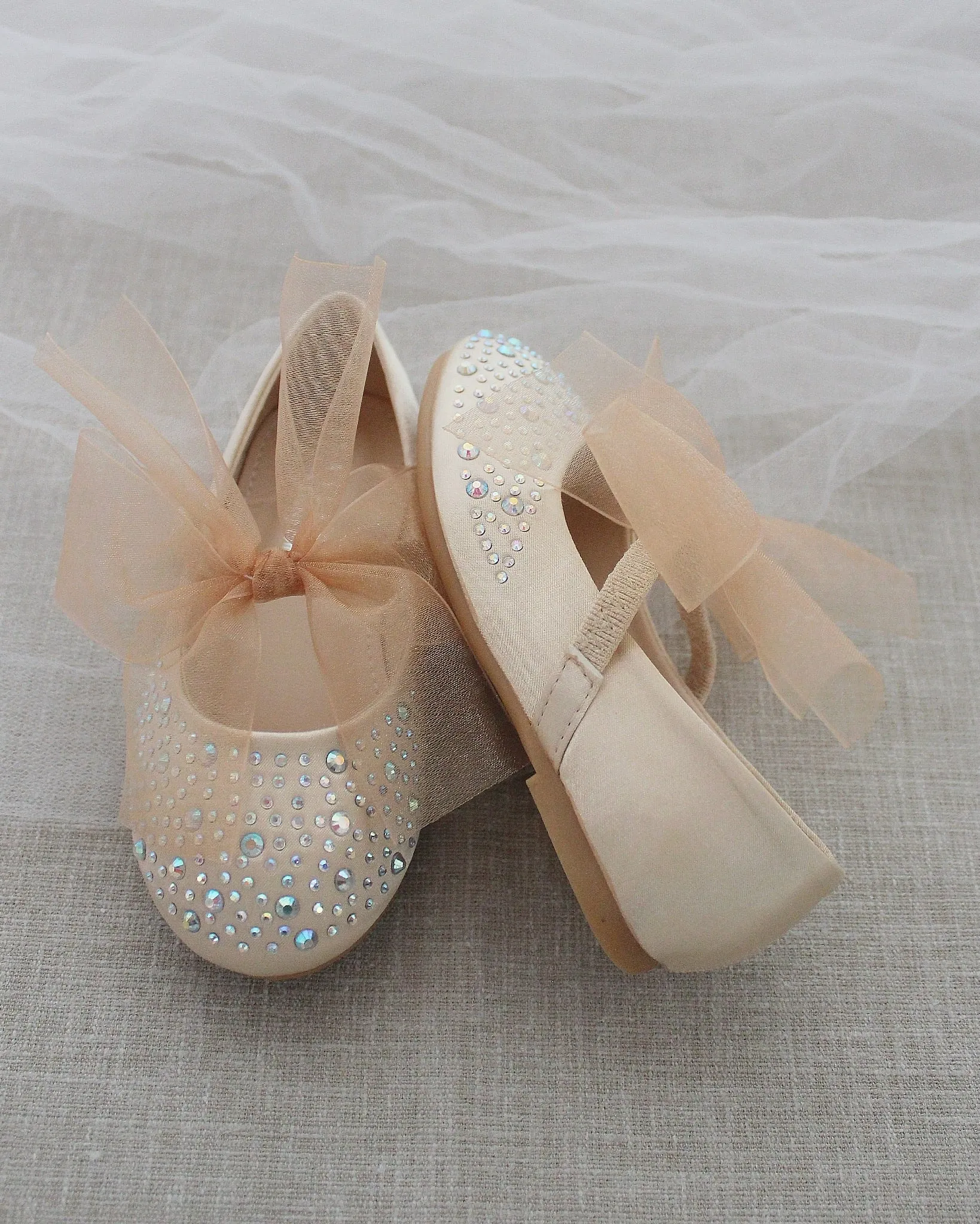 Champagne Satin Mary Jane Flats with Rhinestones