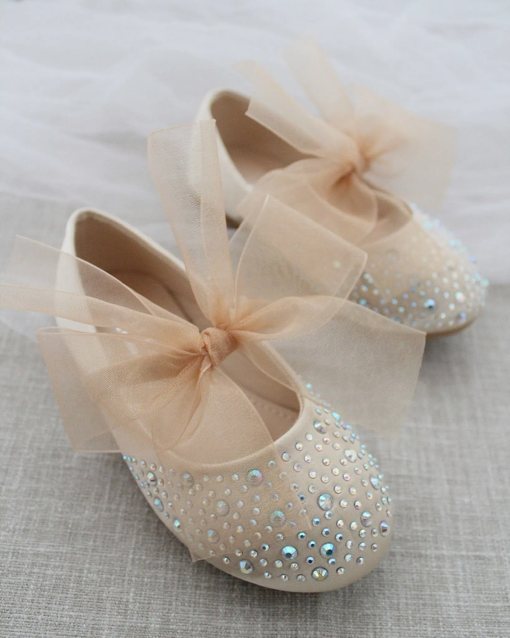 Champagne Satin Mary Jane Flats with Rhinestones