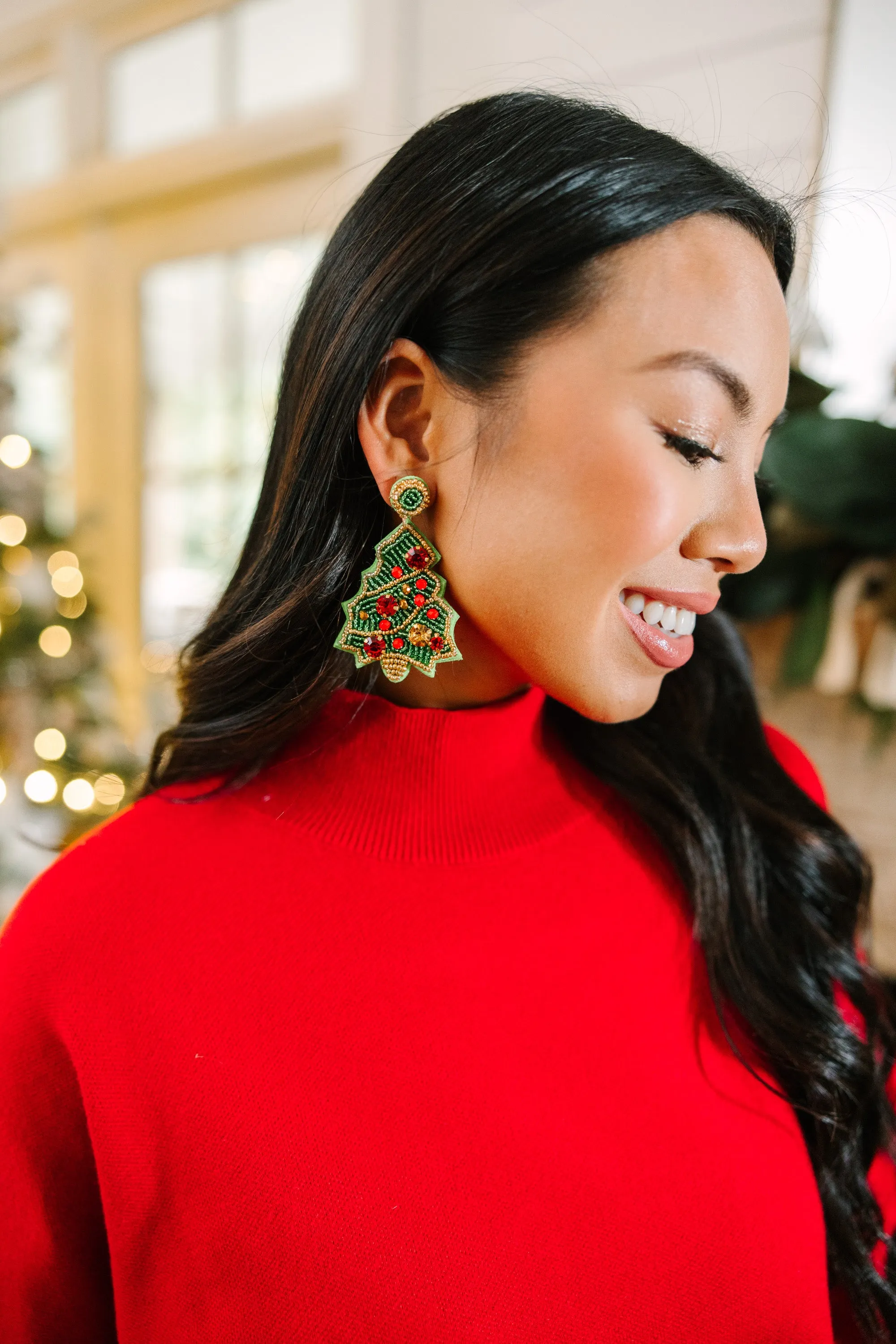 Christmas Tree Beaded Earrings - Green - Holiday Season