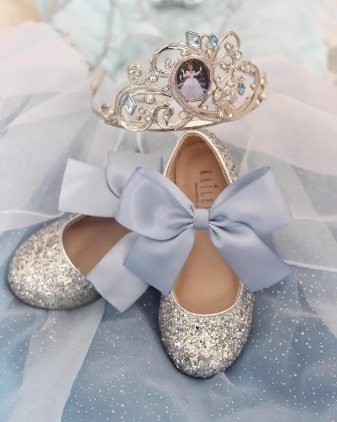 Cinderella Silver Rock Glitter Mary Jane Shoes with Dusty Blue Satin Bow