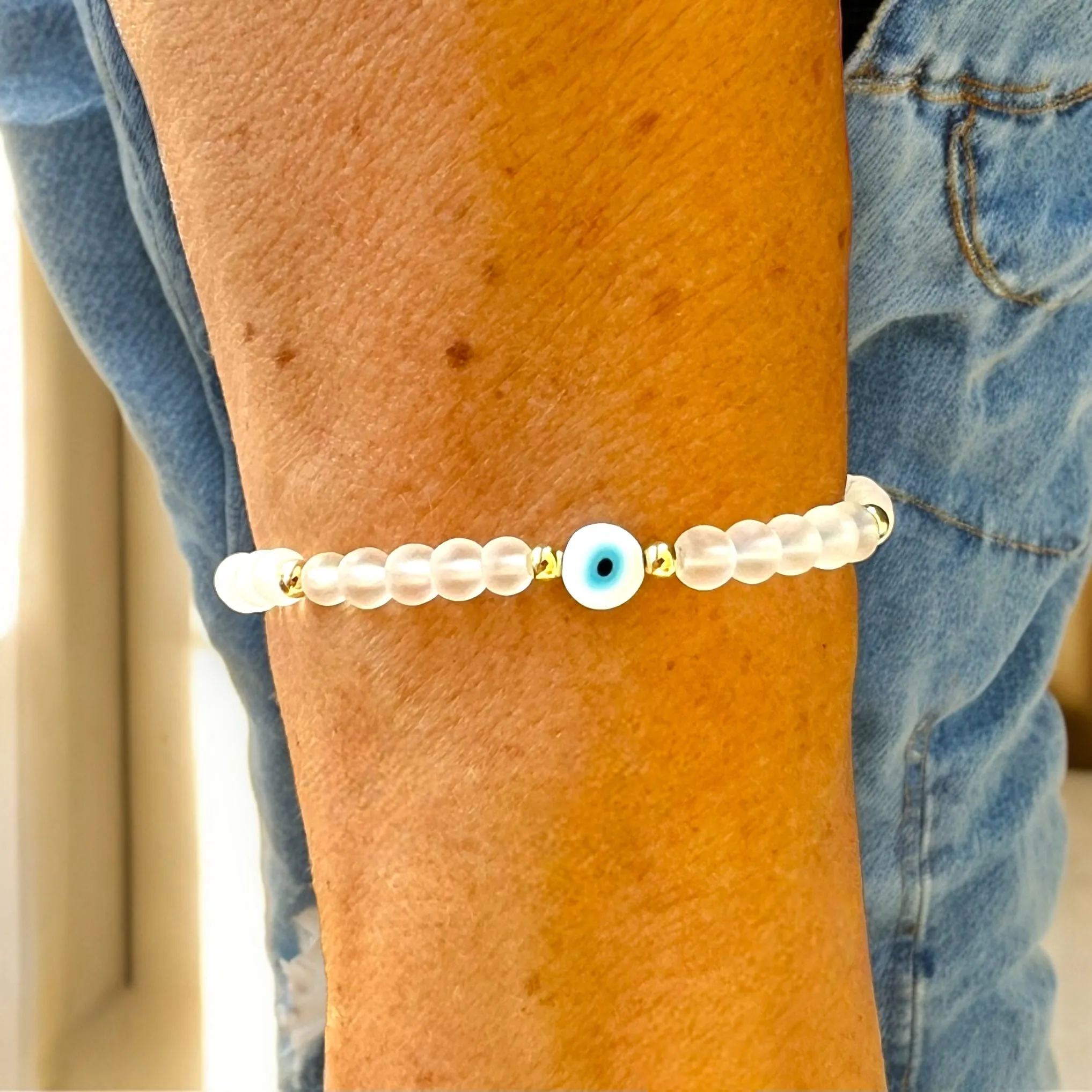 Classic Evil Eye Charm Clear Quartz 4mm Stone Bracelet