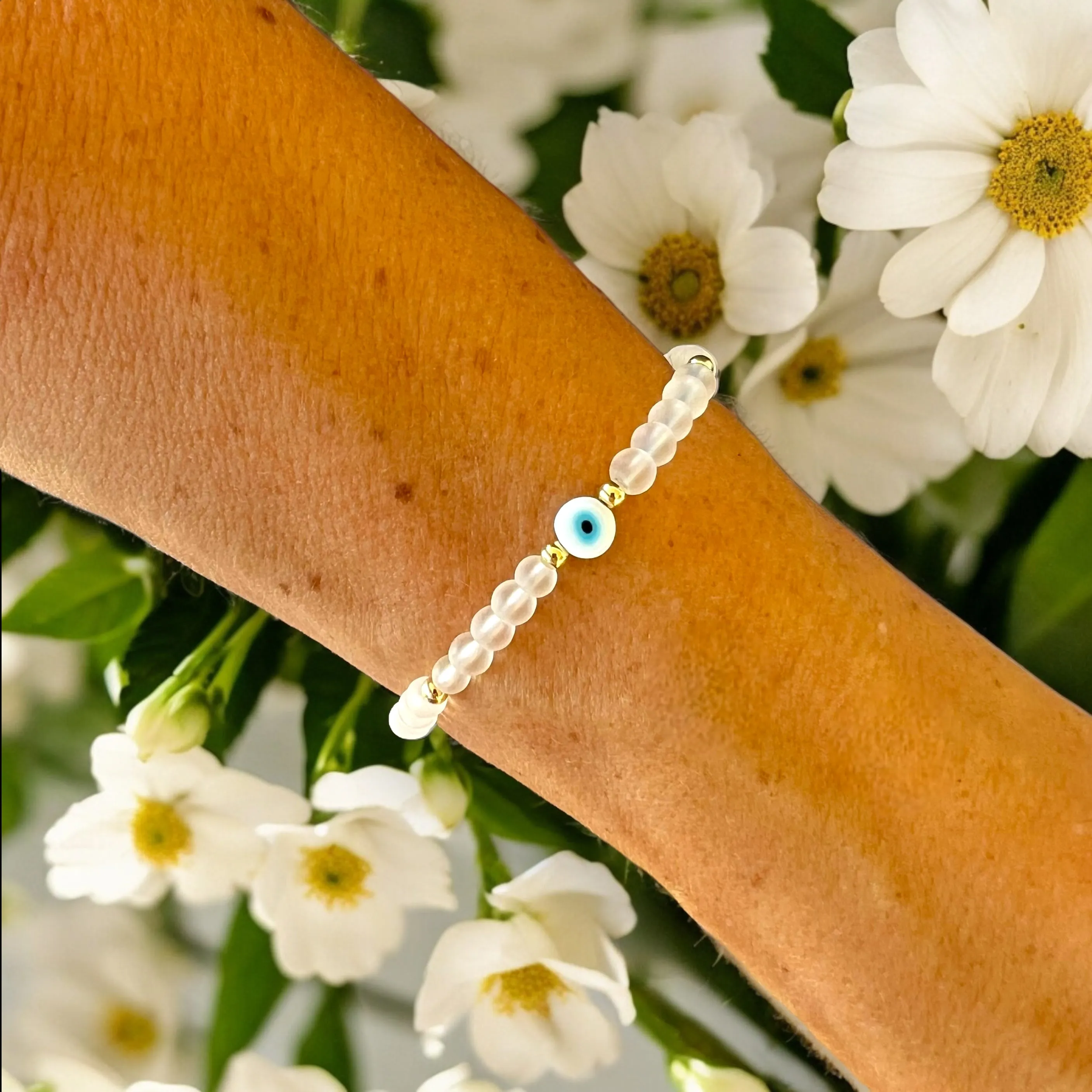 Classic Evil Eye Charm Clear Quartz 4mm Stone Bracelet