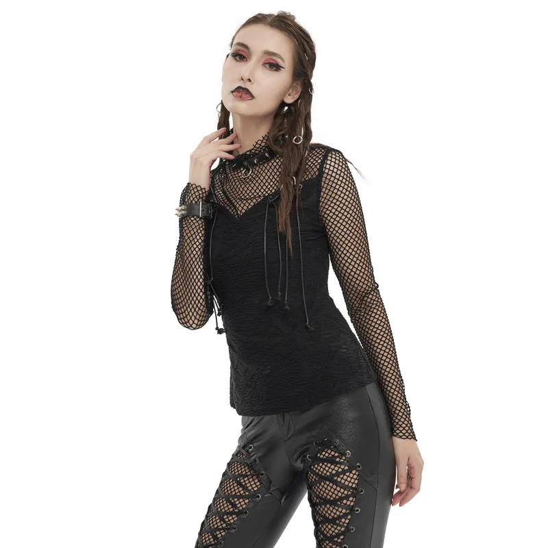 CLEARANCE / Punk Skull Drawstring Top with Net Details / Gothic Thumb Hole Sleeves Clothing