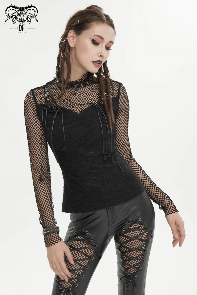 CLEARANCE / Punk Skull Drawstring Top with Net Details / Gothic Thumb Hole Sleeves Clothing