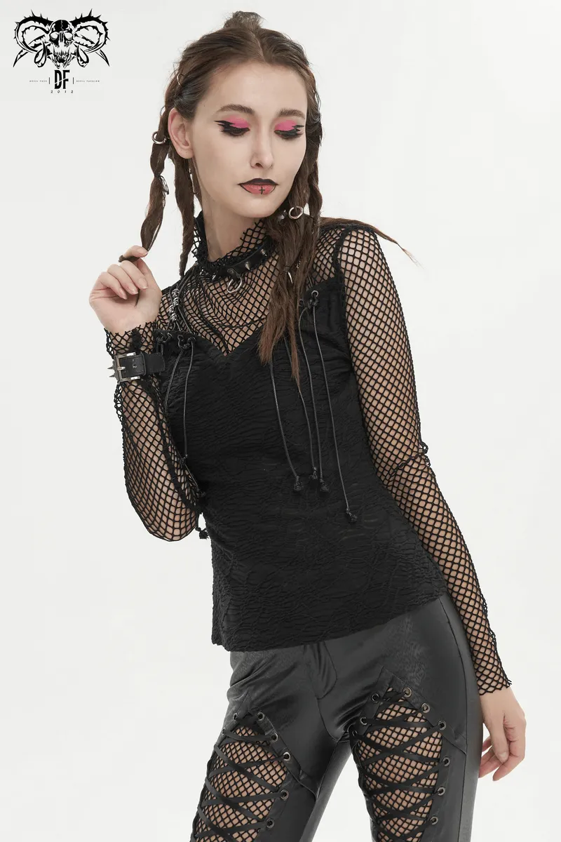 CLEARANCE / Punk Skull Drawstring Top with Net Details / Gothic Thumb Hole Sleeves Clothing