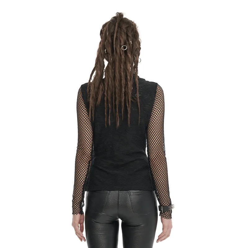 CLEARANCE / Punk Skull Drawstring Top with Net Details / Gothic Thumb Hole Sleeves Clothing