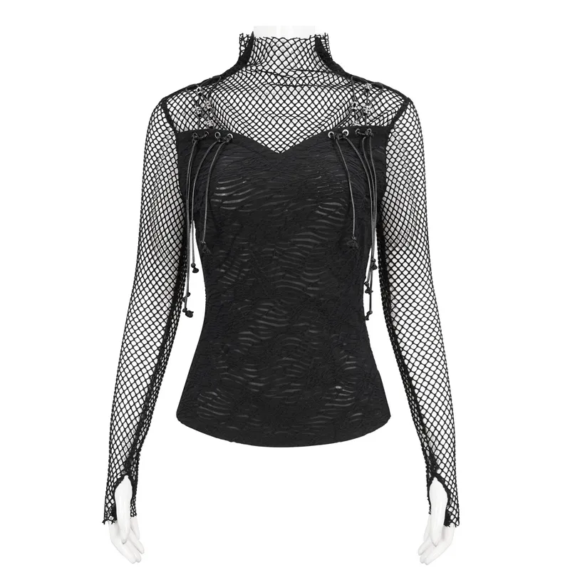 CLEARANCE / Punk Skull Drawstring Top with Net Details / Gothic Thumb Hole Sleeves Clothing