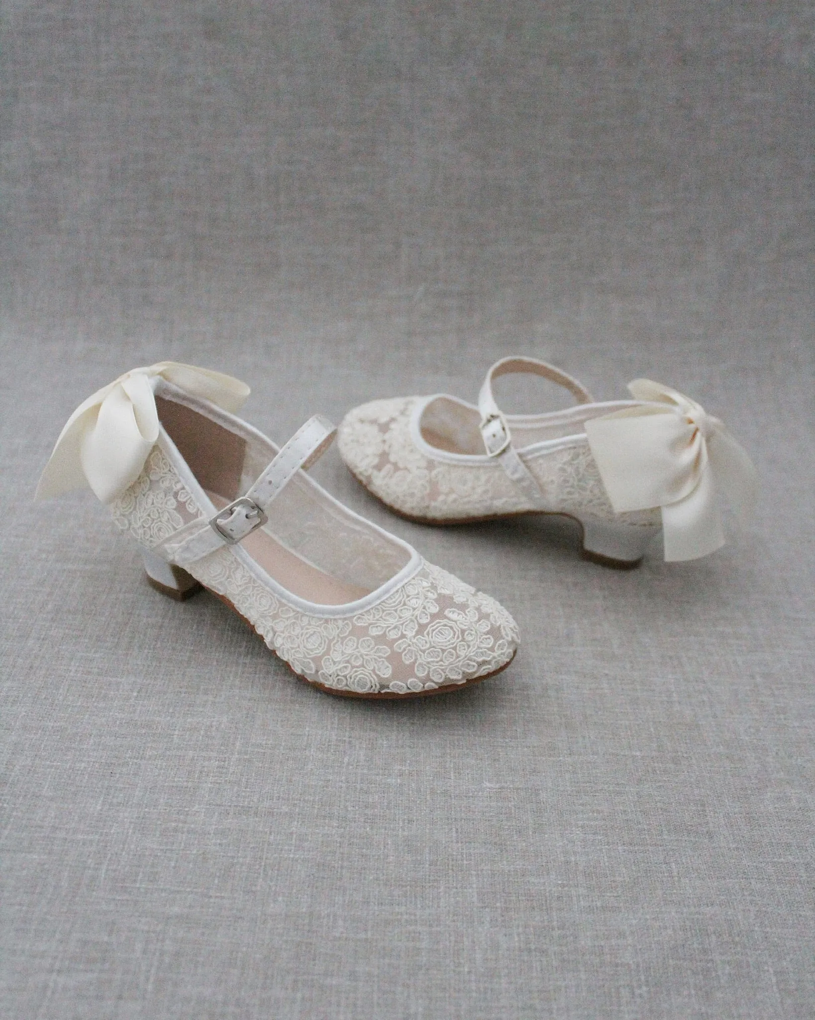 Crochet Lace Mary Jane Heels Satin Back Bow