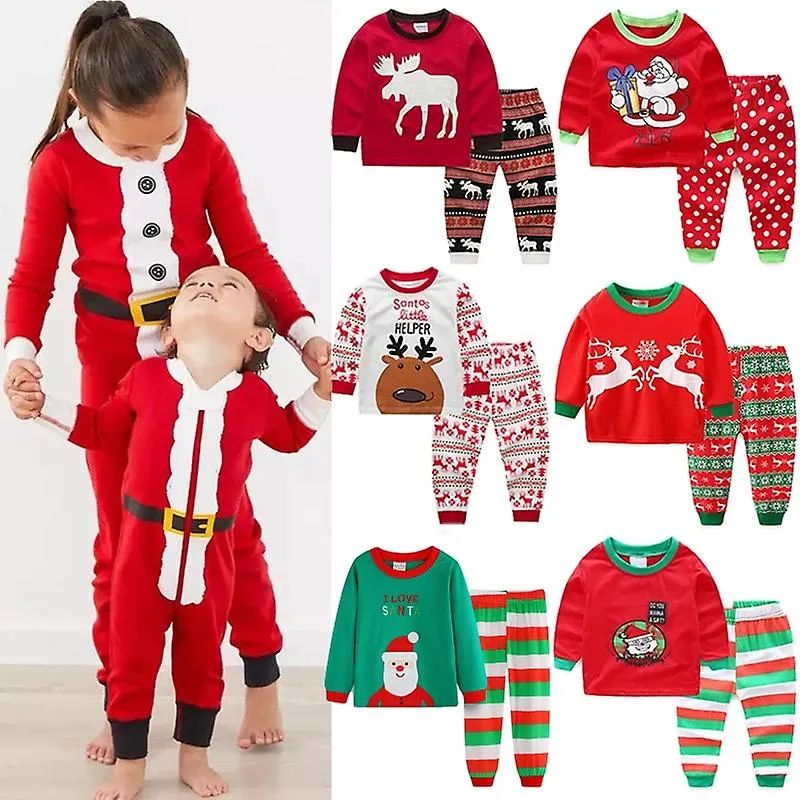 Cute Santa Children Clothing Set Cartoon Print Kids Christmas Costume Casual Cotton Kids Pajamas Suit 1-6 Year Baby Kid Clothes