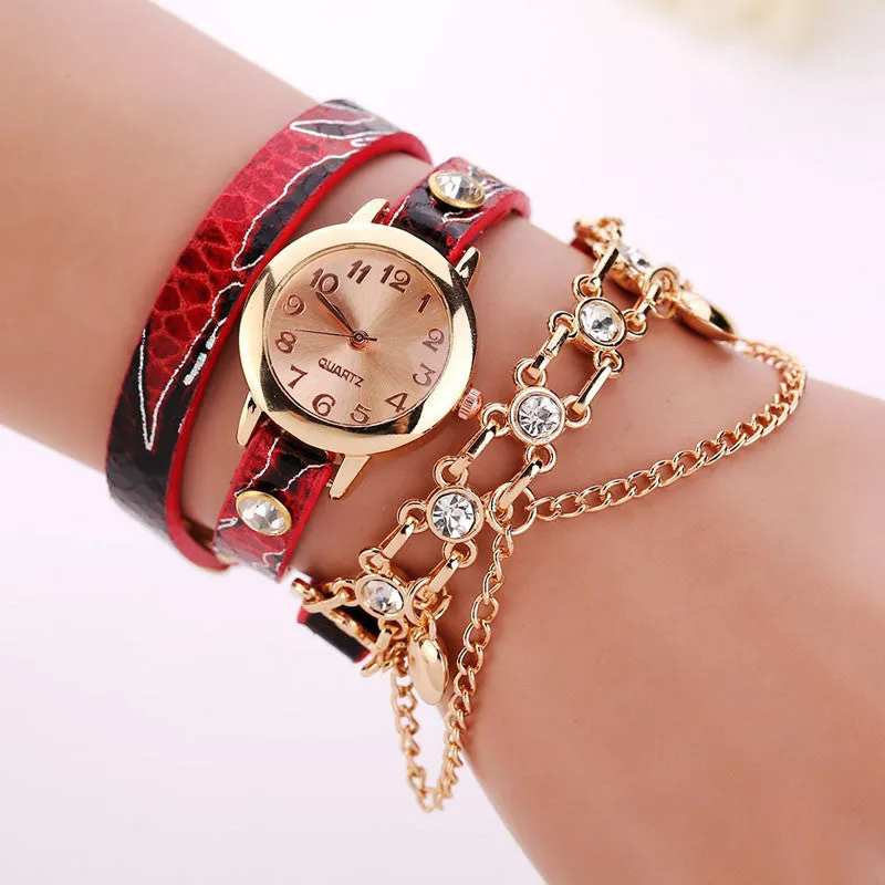 Dress Watches Ladies Leather Rhinestone Rivet Chain Quartz Bracelet Wristwatch Watch Women Montre Sale Feida