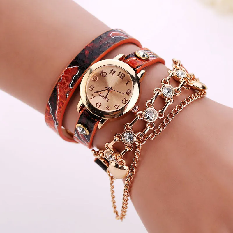 Dress Watches Ladies Leather Rhinestone Rivet Chain Quartz Bracelet Wristwatch Watch Women Montre Sale Feida