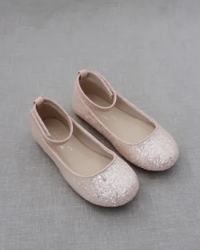 Dusty Pink Ballet Flats with Rock Glitter and Velcro Ankle Strap