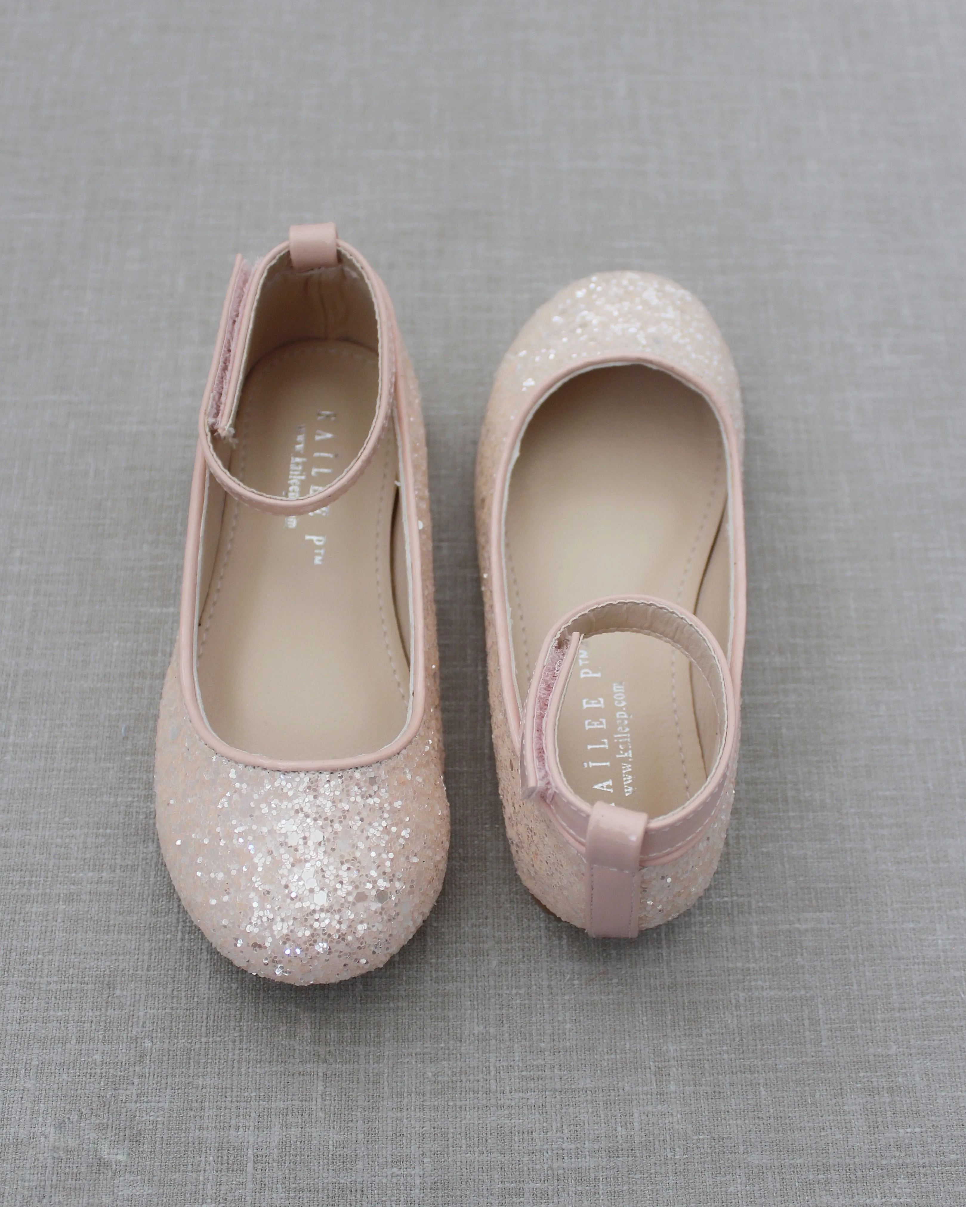 Dusty Pink Ballet Flats with Rock Glitter and Velcro Ankle Strap