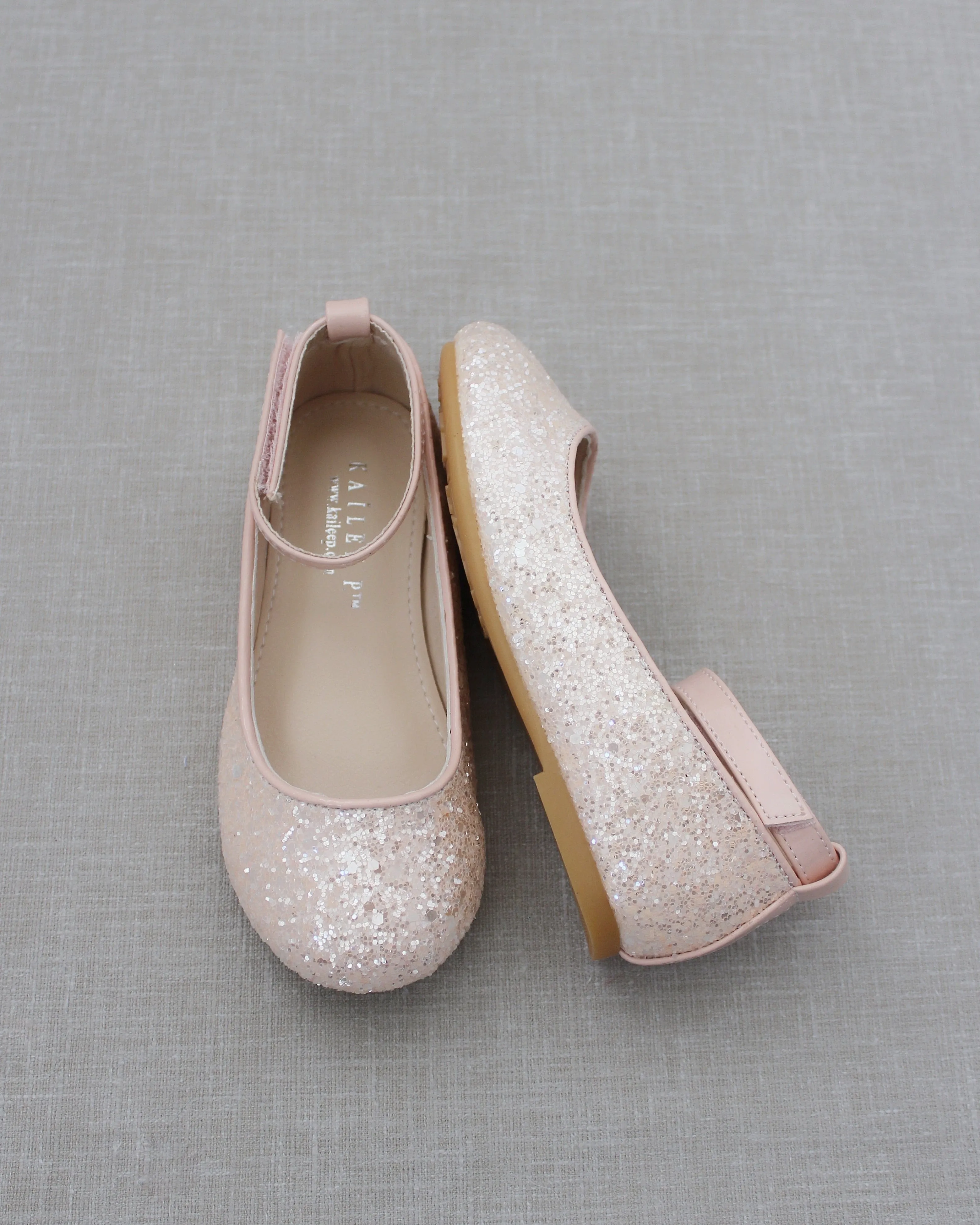 Dusty Pink Ballet Flats with Rock Glitter and Velcro Ankle Strap