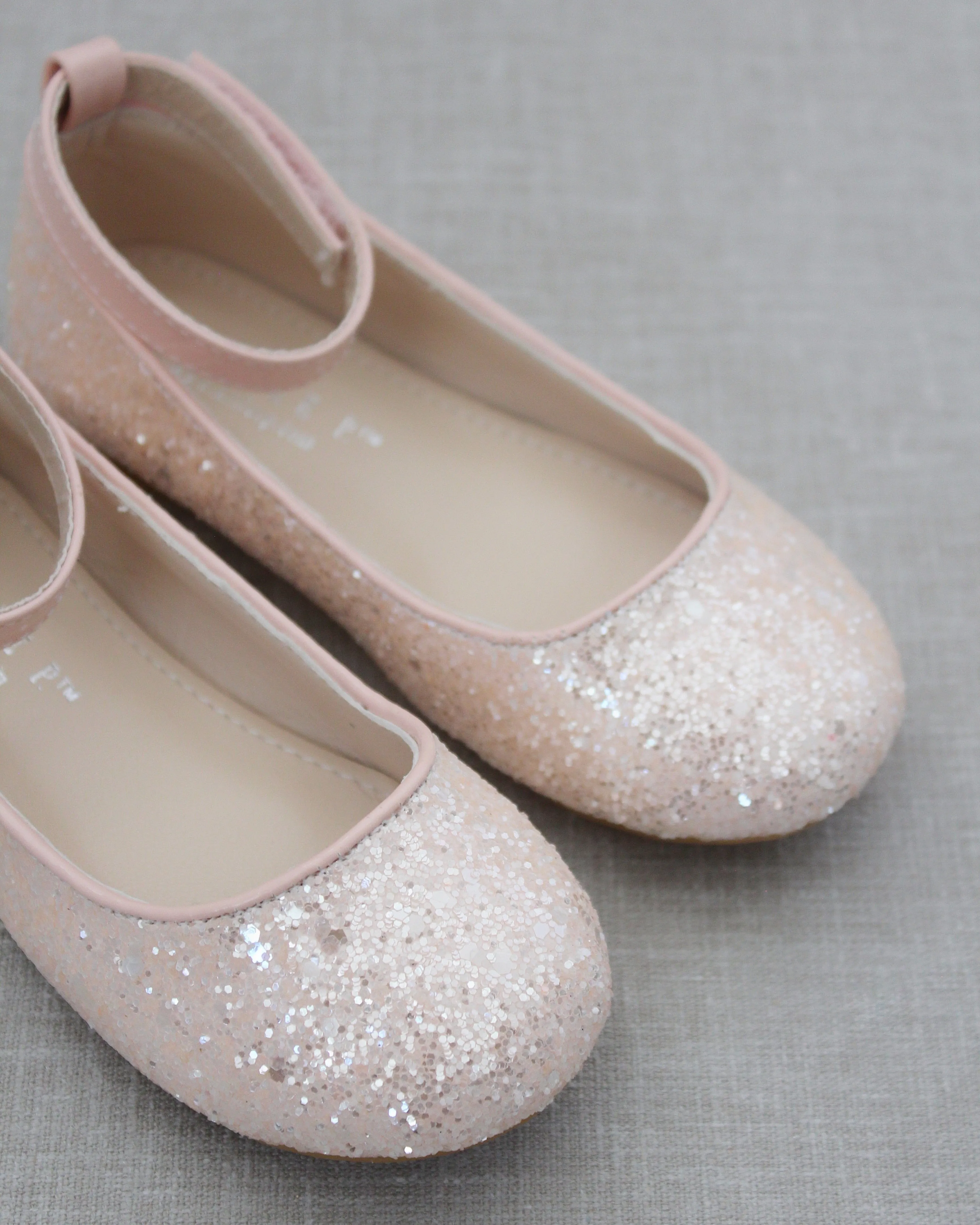 Dusty Pink Ballet Flats with Rock Glitter and Velcro Ankle Strap