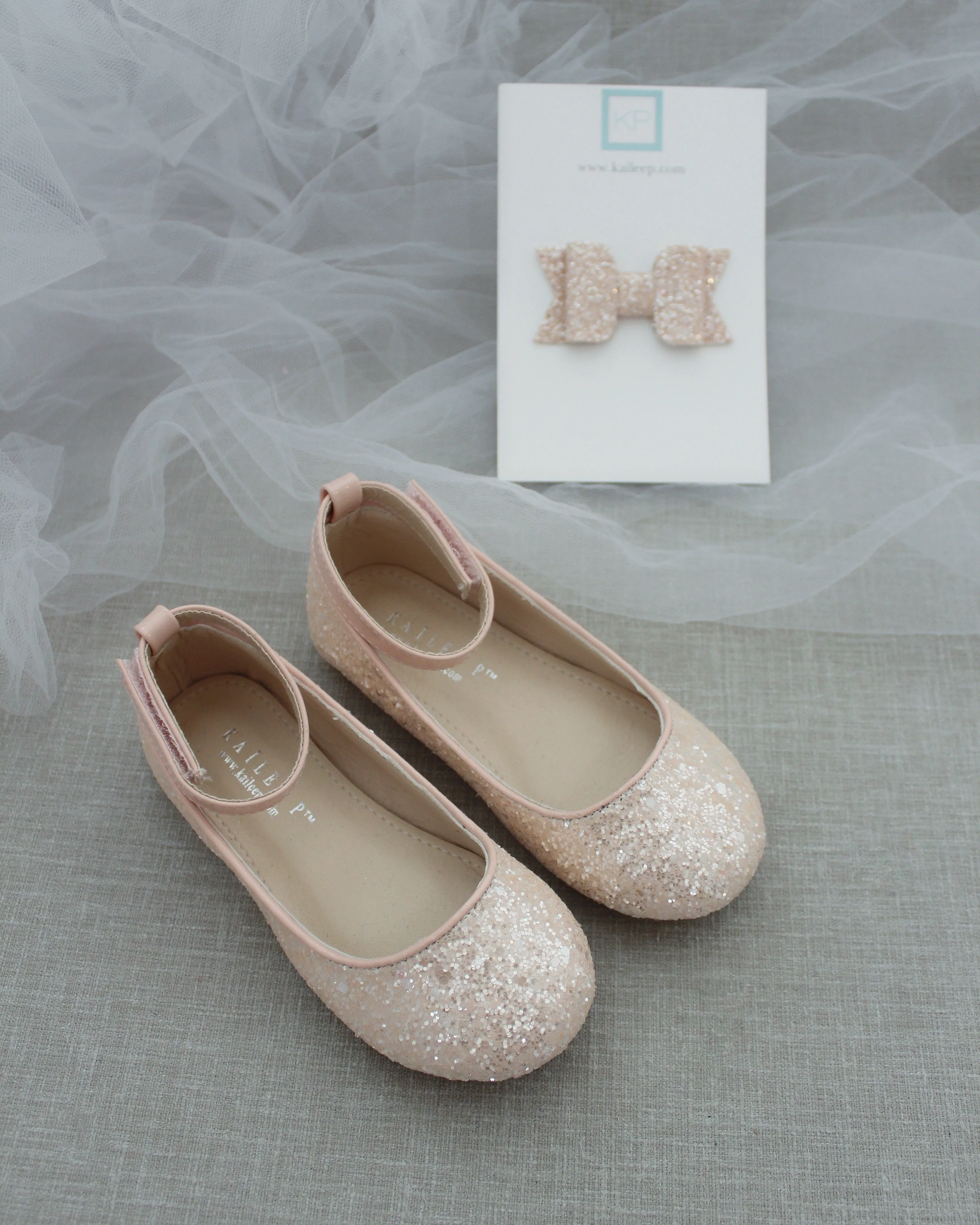 Dusty Pink Ballet Flats with Rock Glitter and Velcro Ankle Strap