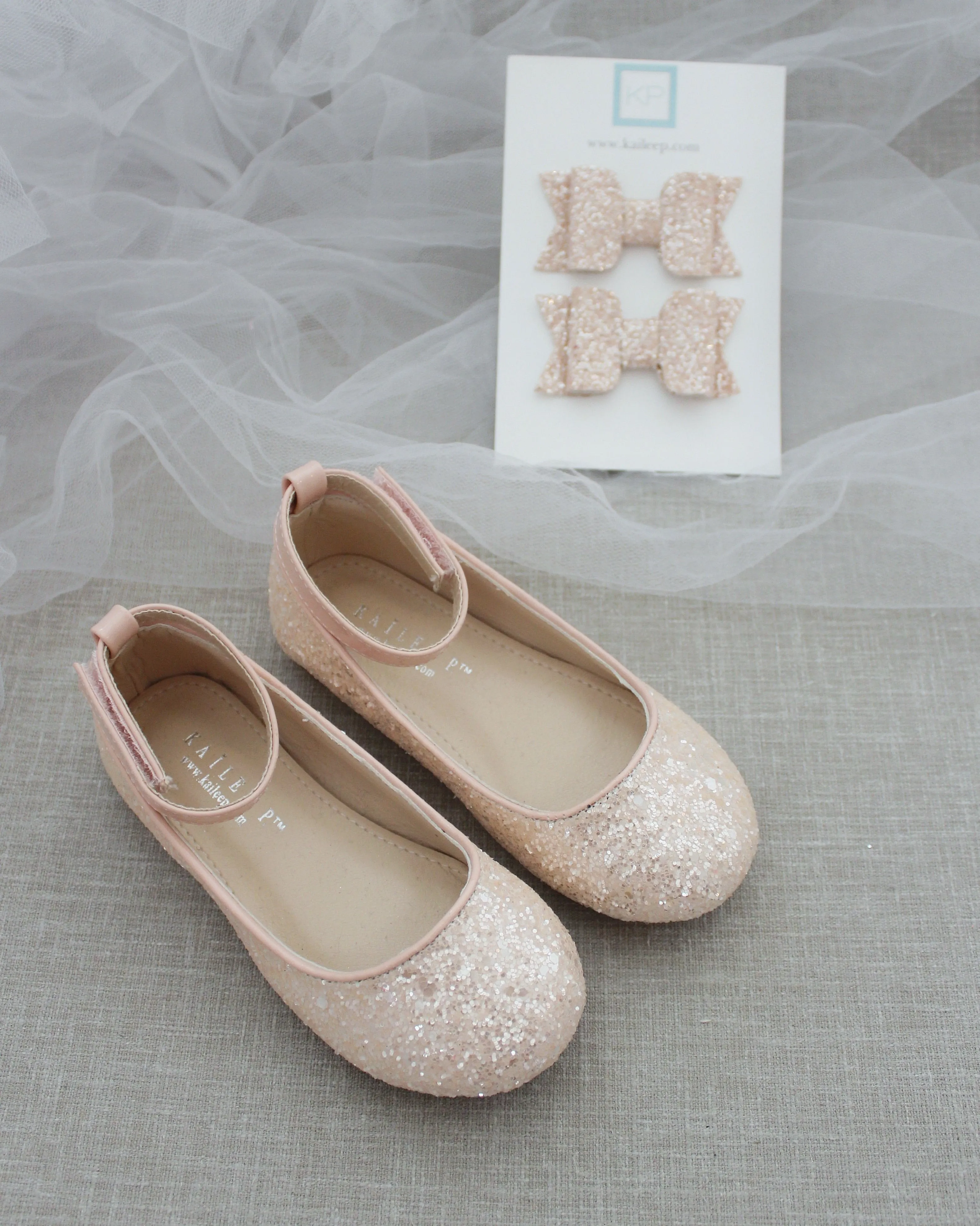 Dusty Pink Ballet Flats with Rock Glitter and Velcro Ankle Strap