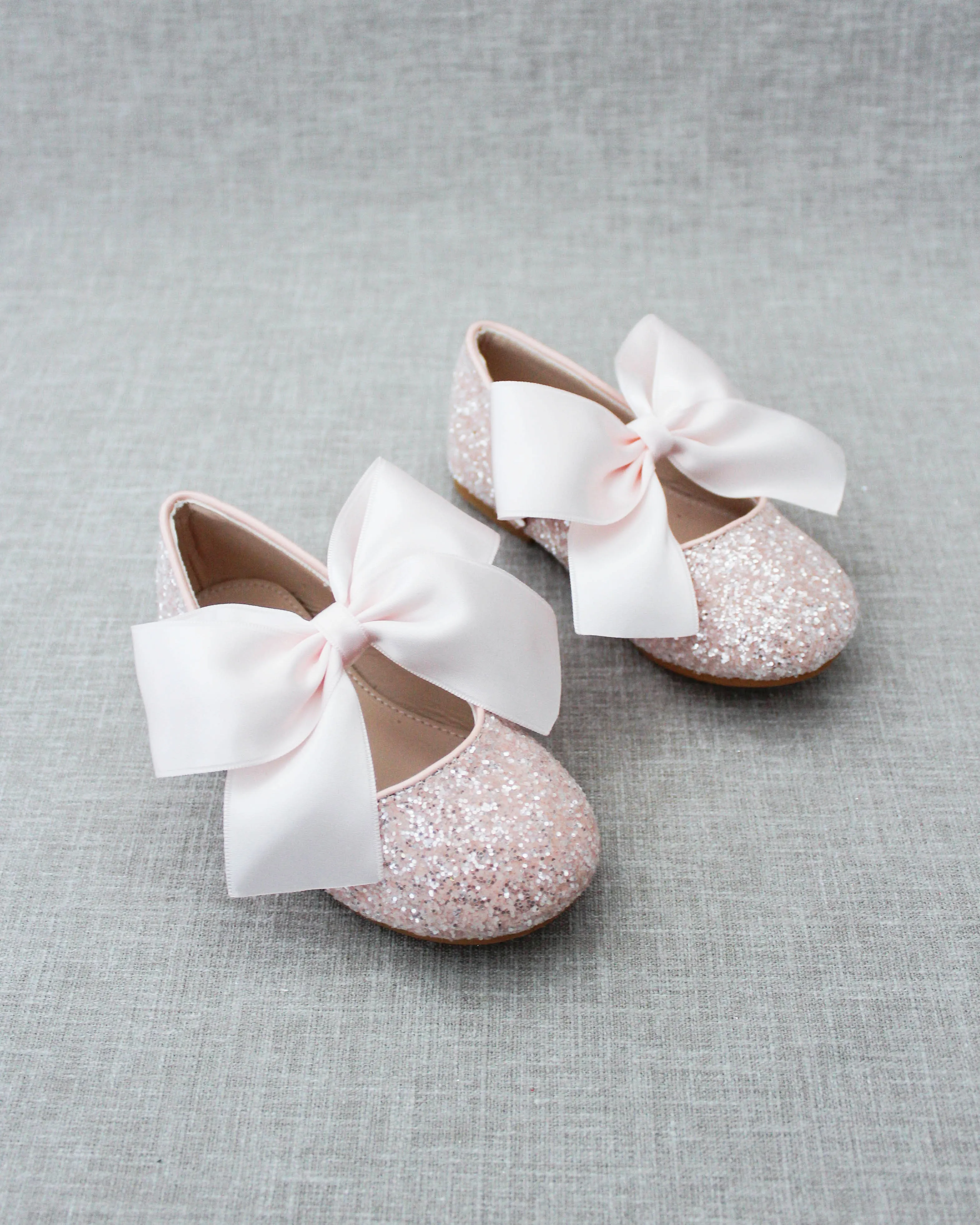 Dusty Pink Glitter Mary Jane Ballet Flats with Satin Bow