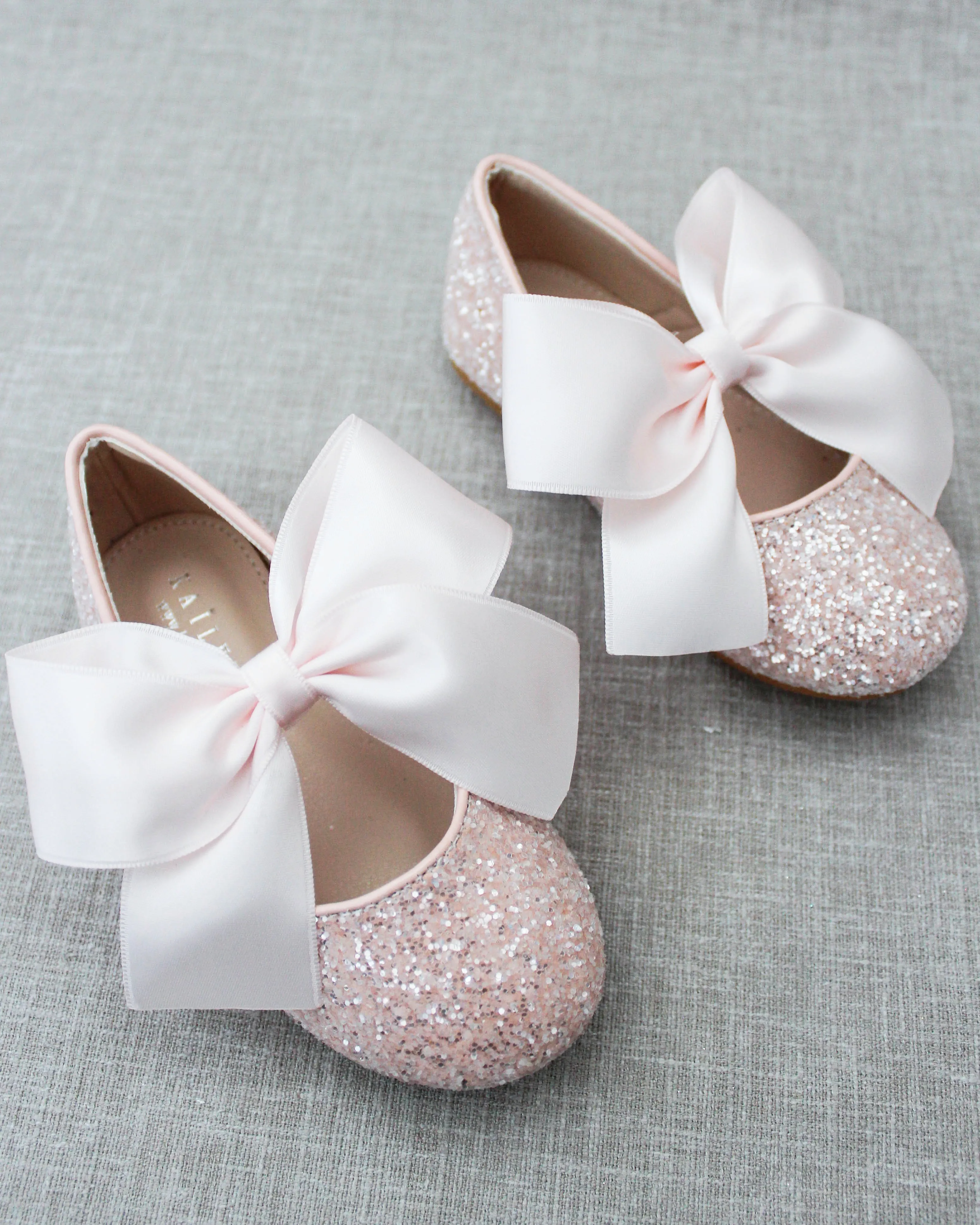 Dusty Pink Glitter Mary Jane Ballet Flats with Satin Bow