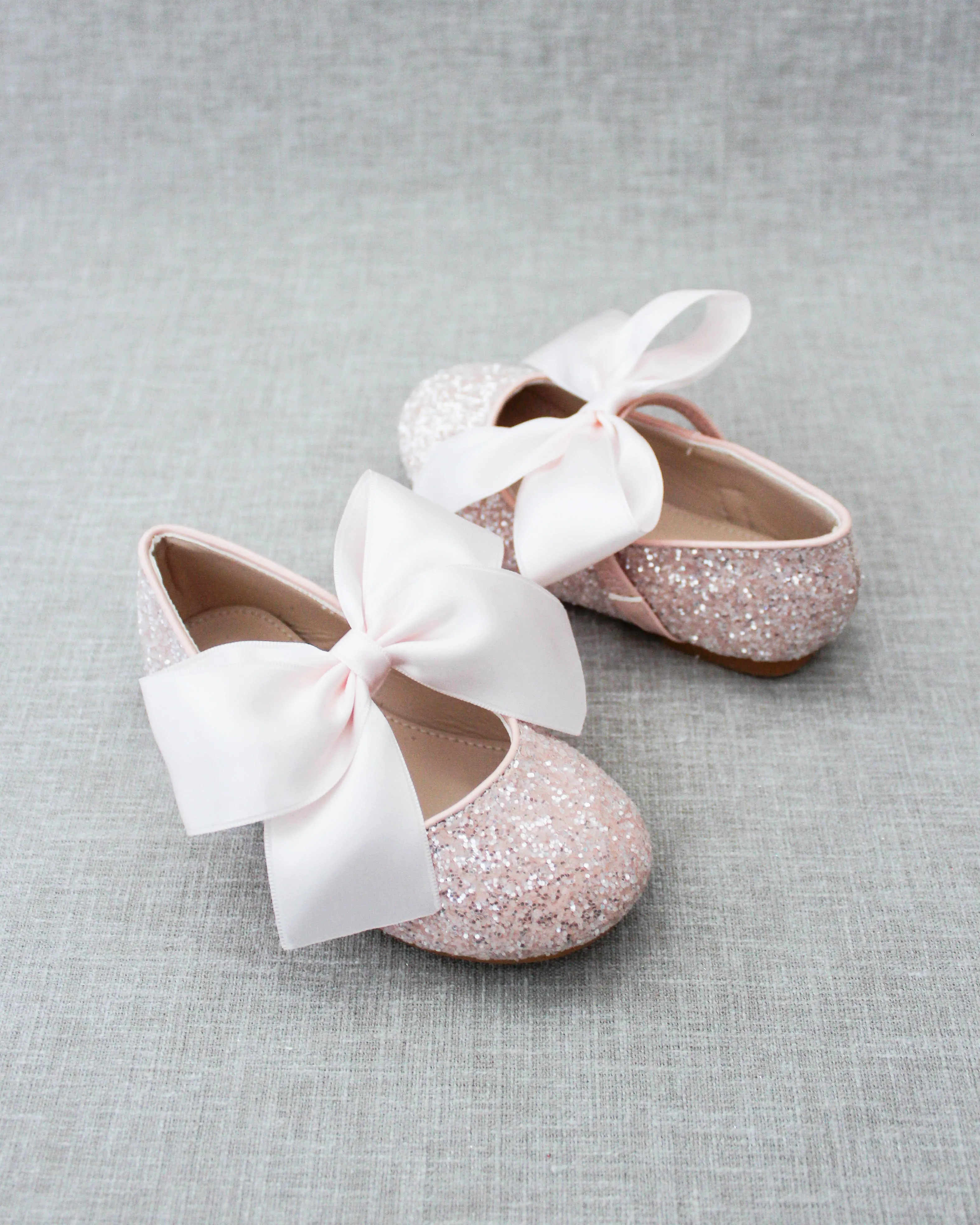 Dusty Pink Glitter Mary Jane Ballet Flats with Satin Bow