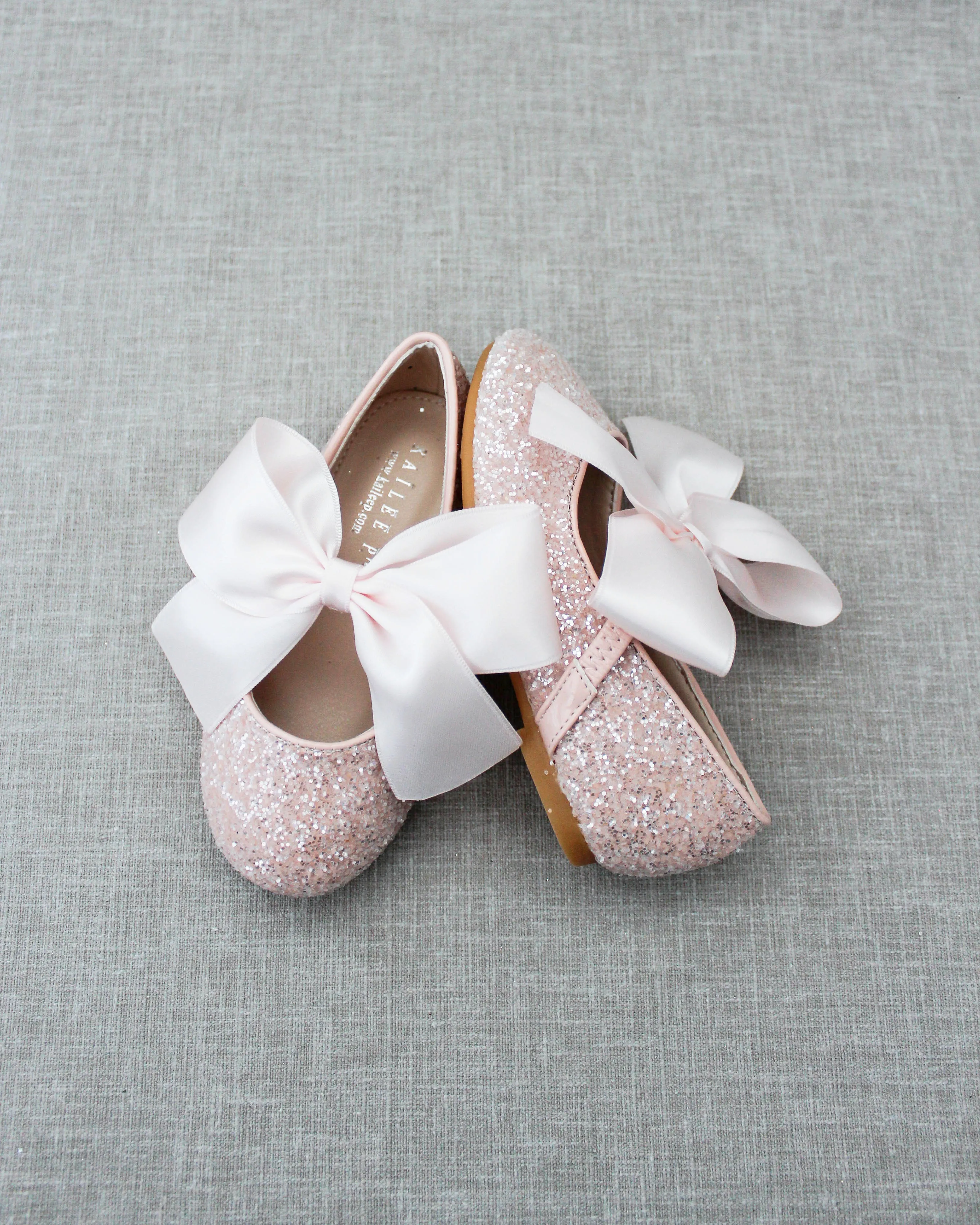 Dusty Pink Glitter Mary Jane Ballet Flats with Satin Bow