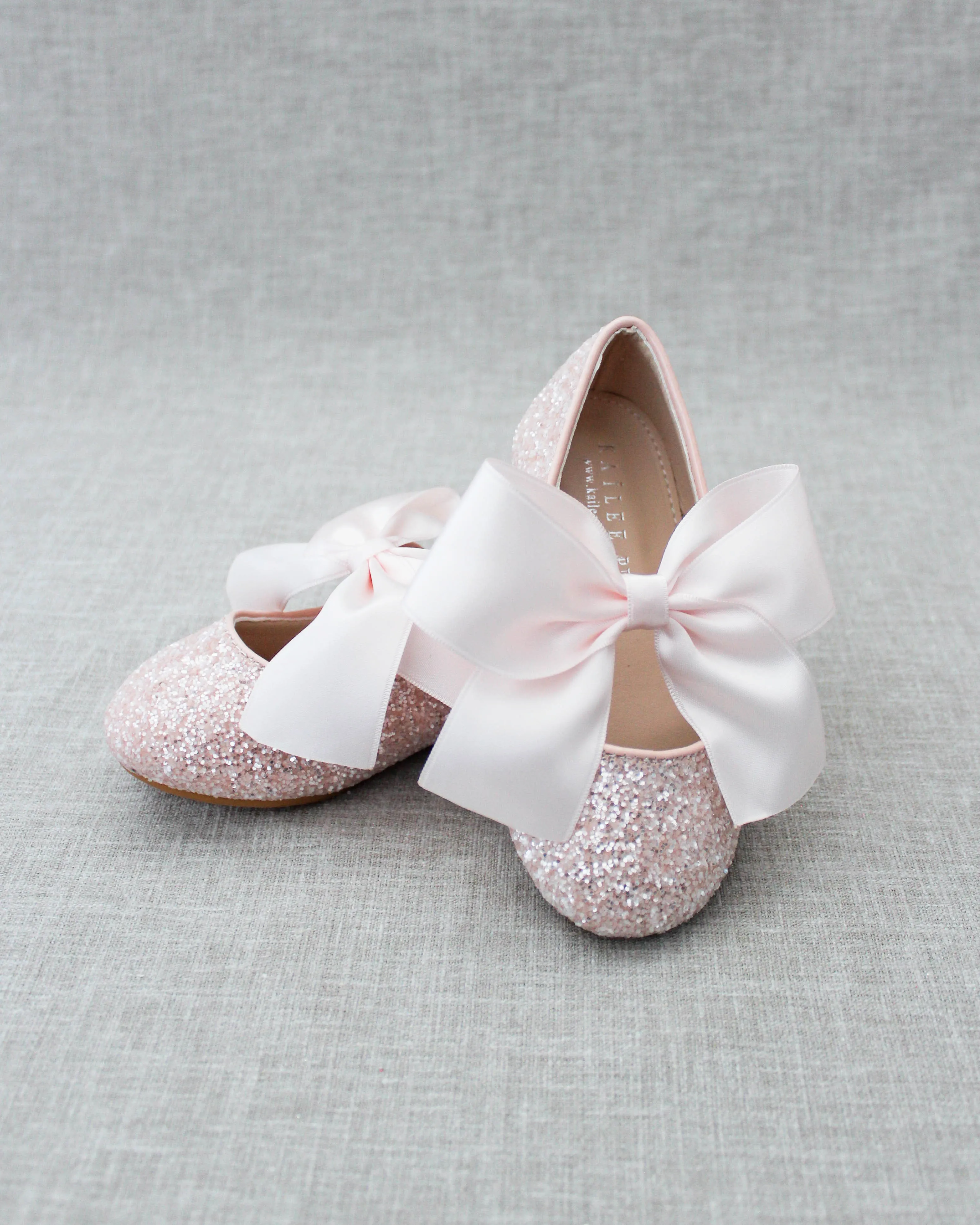 Dusty Pink Glitter Mary Jane Ballet Flats with Satin Bow