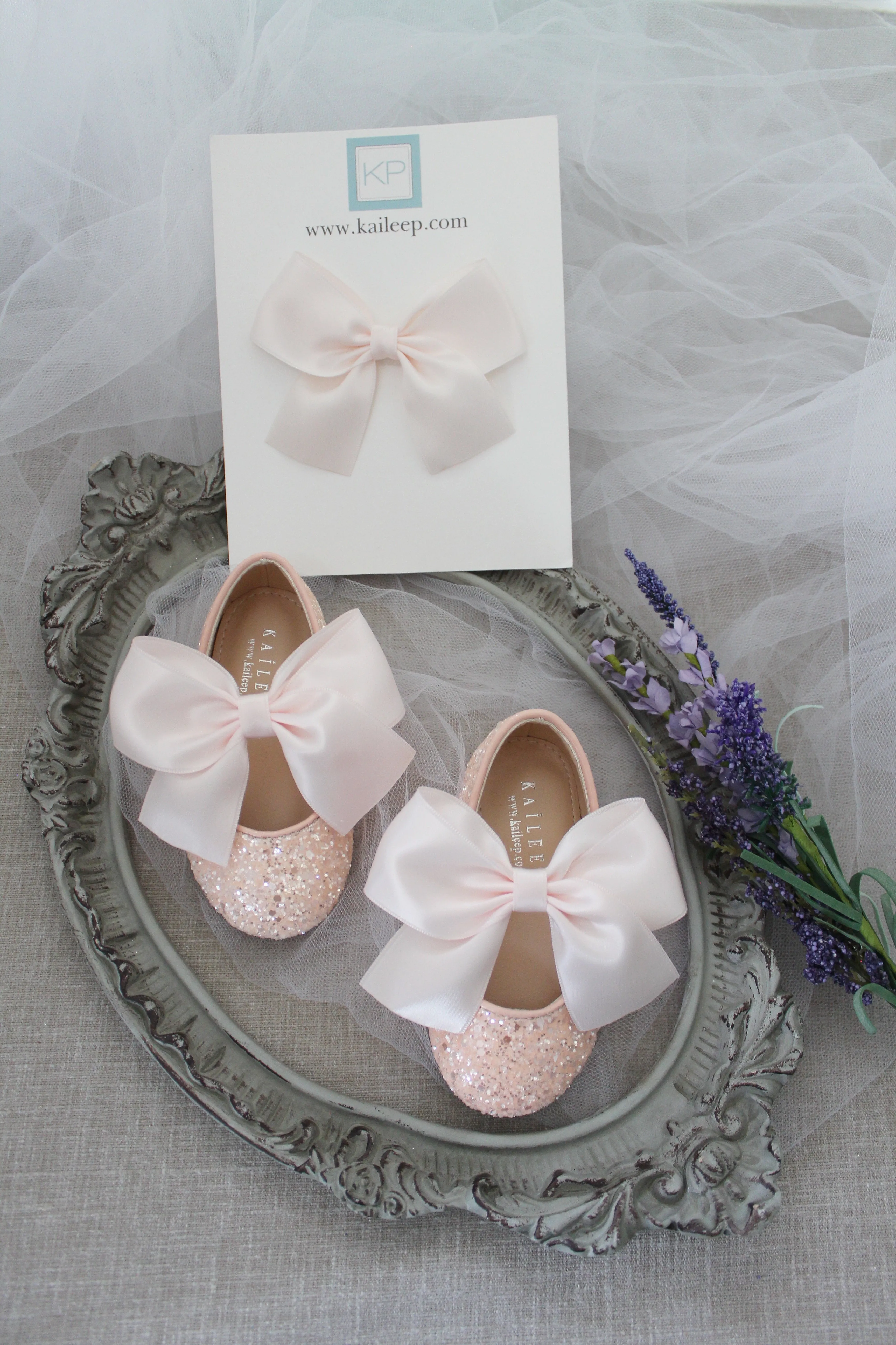 Dusty Pink Glitter Mary Jane Ballet Flats with Satin Bow