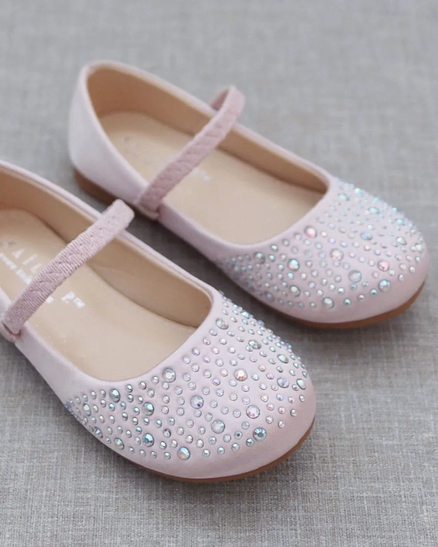 Dusty Pink Rhinestone Embellished Satin Mary Jane Flats