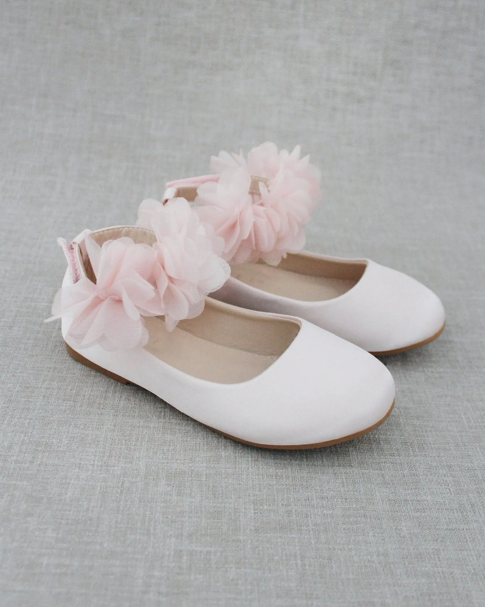 Dusty Pink Satin Flats Ankle Strap with Chiffon Flowers