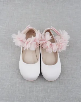 Dusty Pink Satin Flats Ankle Strap with Chiffon Flowers