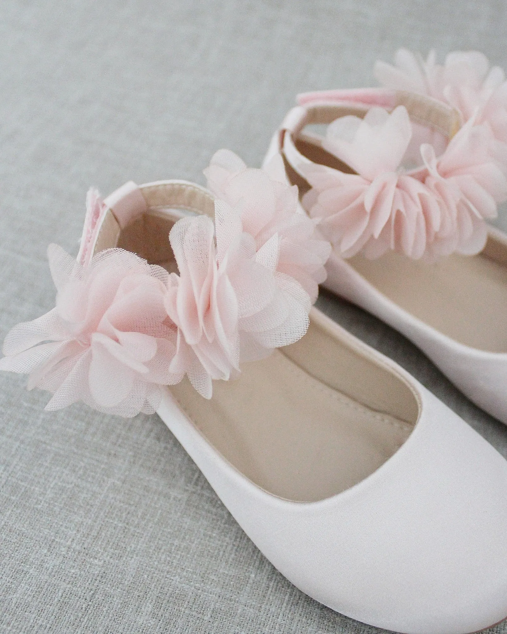 Dusty Pink Satin Flats Ankle Strap with Chiffon Flowers