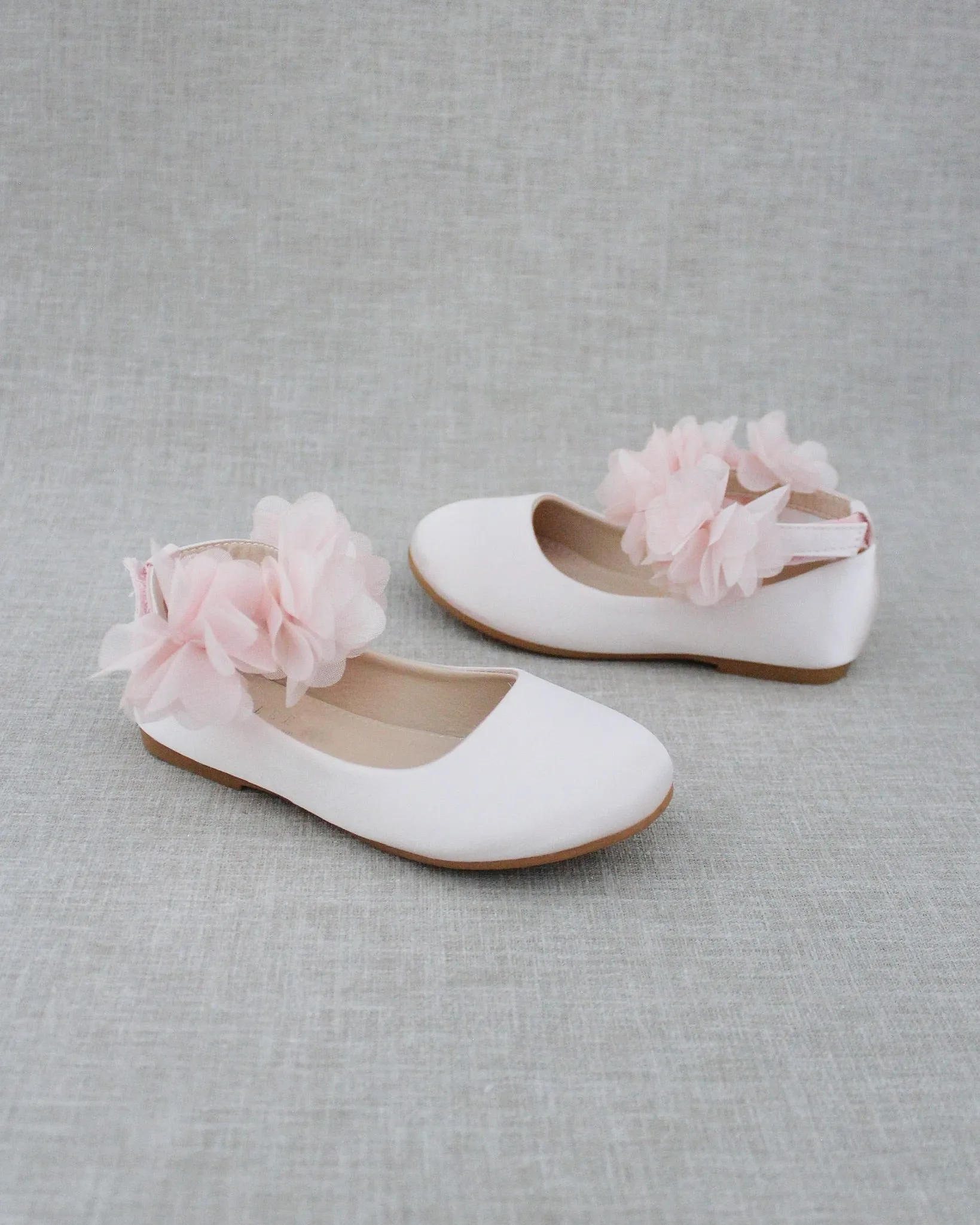 Dusty Pink Satin Flats Ankle Strap with Chiffon Flowers