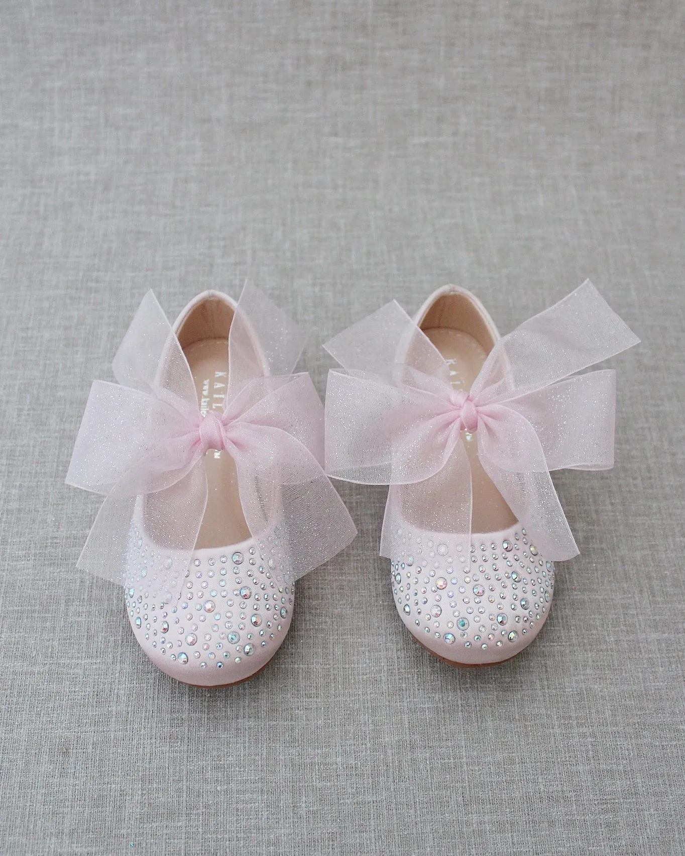 Dusty Pink Satin Mary Jane Flats - Rhinestone Embellished - Chiffon Bow