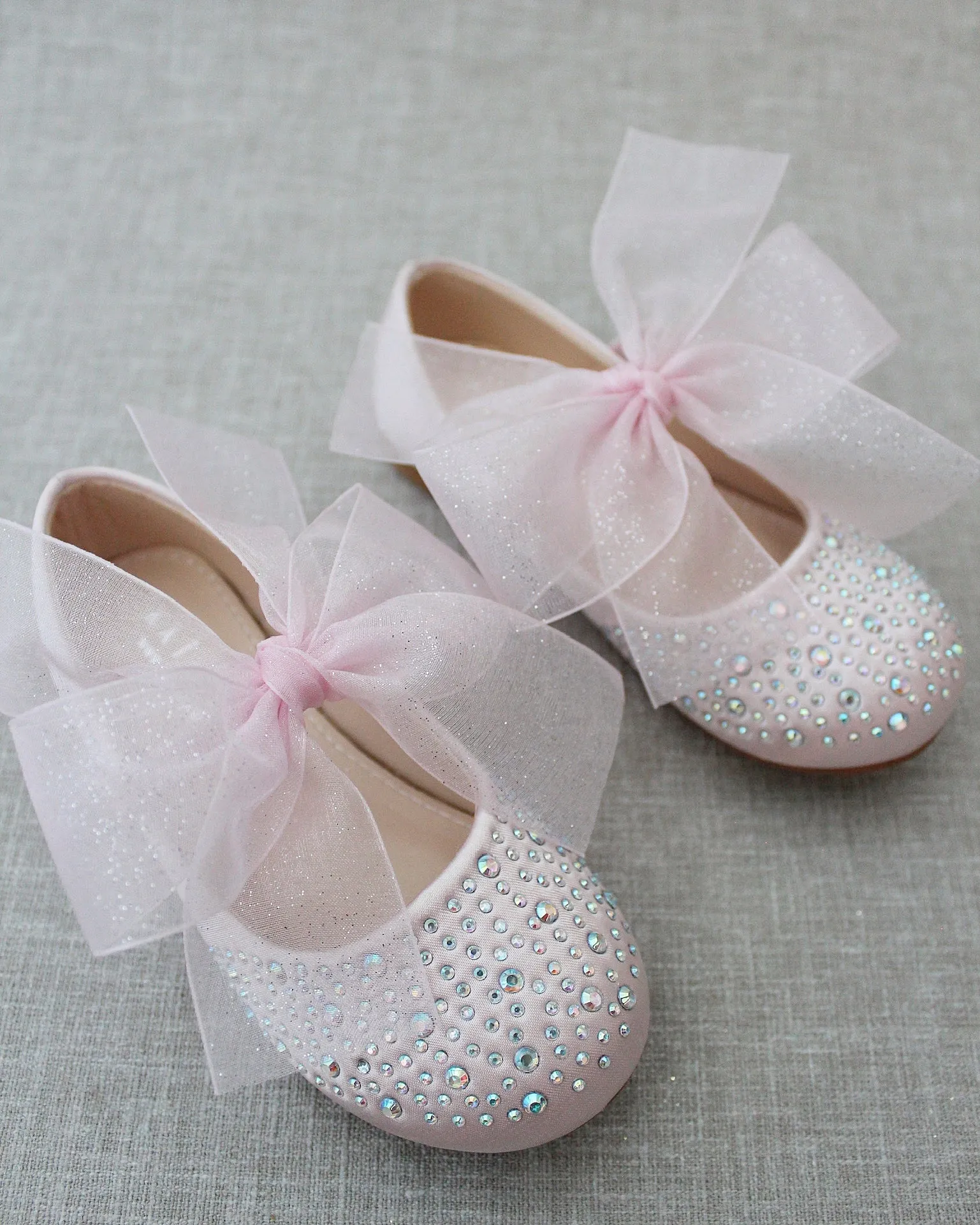 Dusty Pink Satin Mary Jane Flats - Rhinestone Embellished - Chiffon Bow