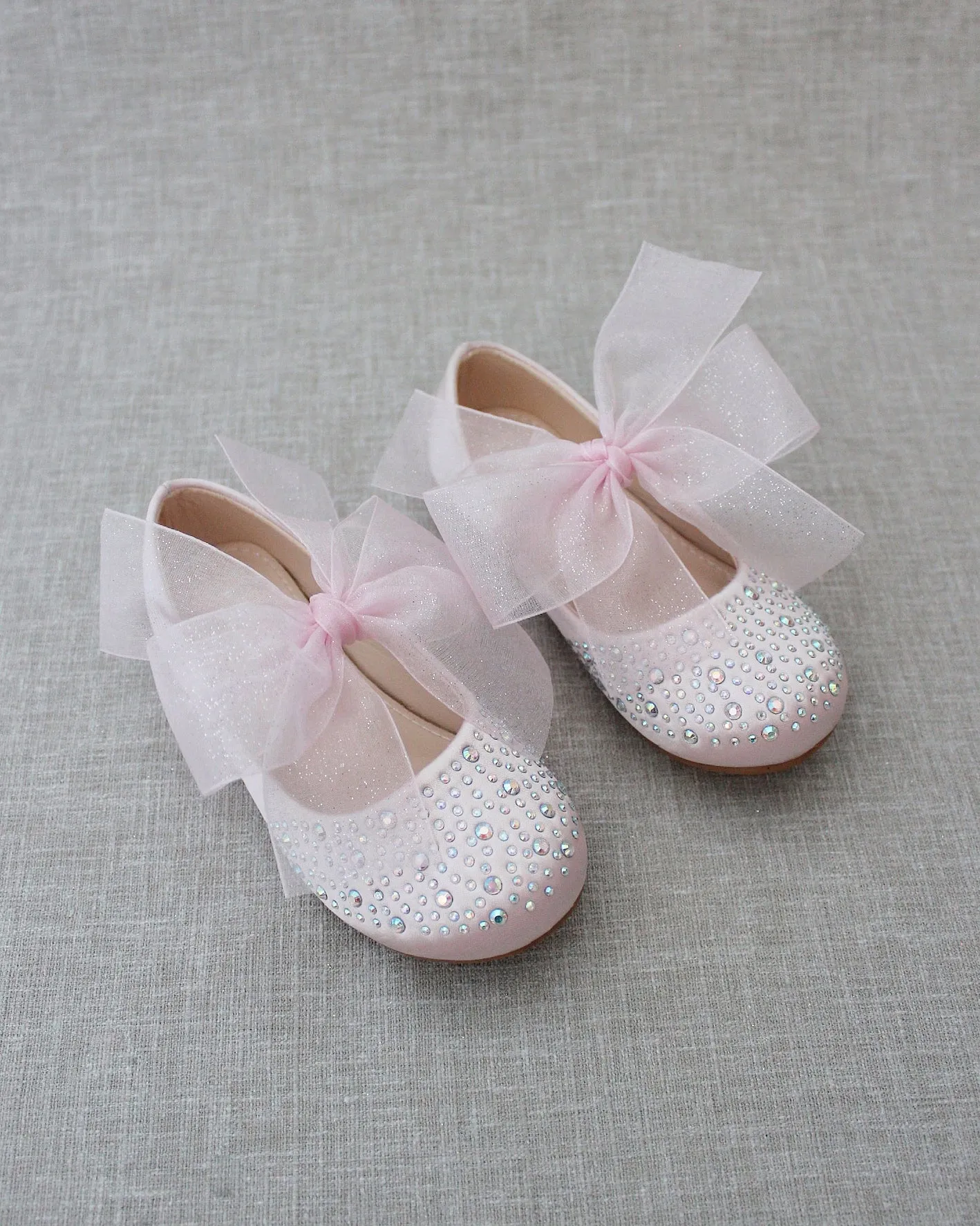 Dusty Pink Satin Mary Jane Flats - Rhinestone Embellished - Chiffon Bow