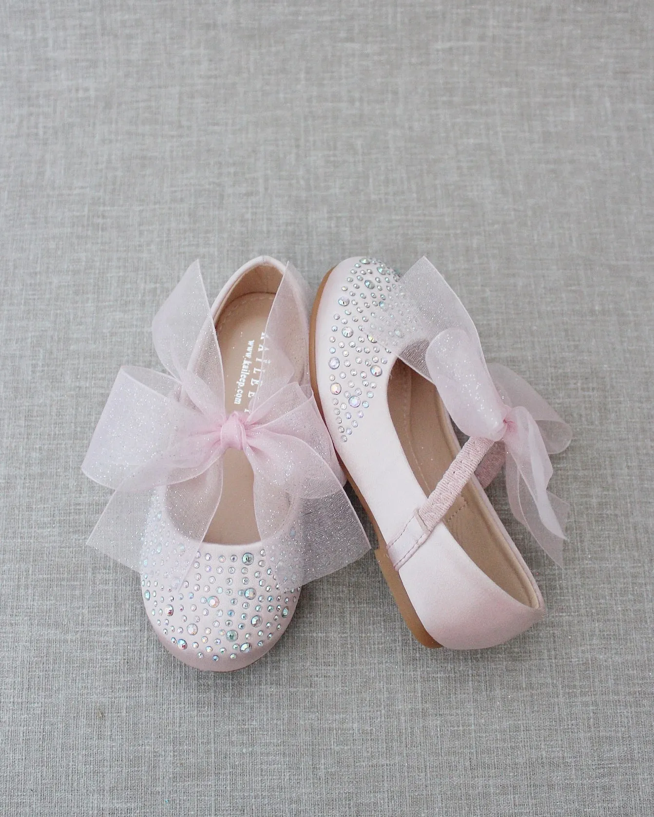 Dusty Pink Satin Mary Jane Flats - Rhinestone Embellished - Chiffon Bow