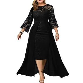 Evening Dress 3/4 Sleeve Versatile Skin-touch Attractive See-through Lace Stitching Plus Size Lady Evening Dress Party Clothing