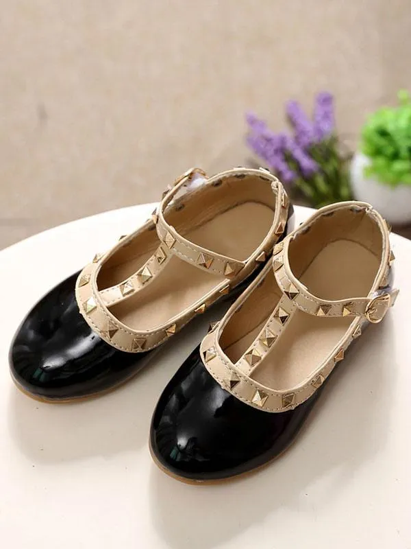 Flower Girl Shoes Black PU Leather Rivets Party Shoes For Kids