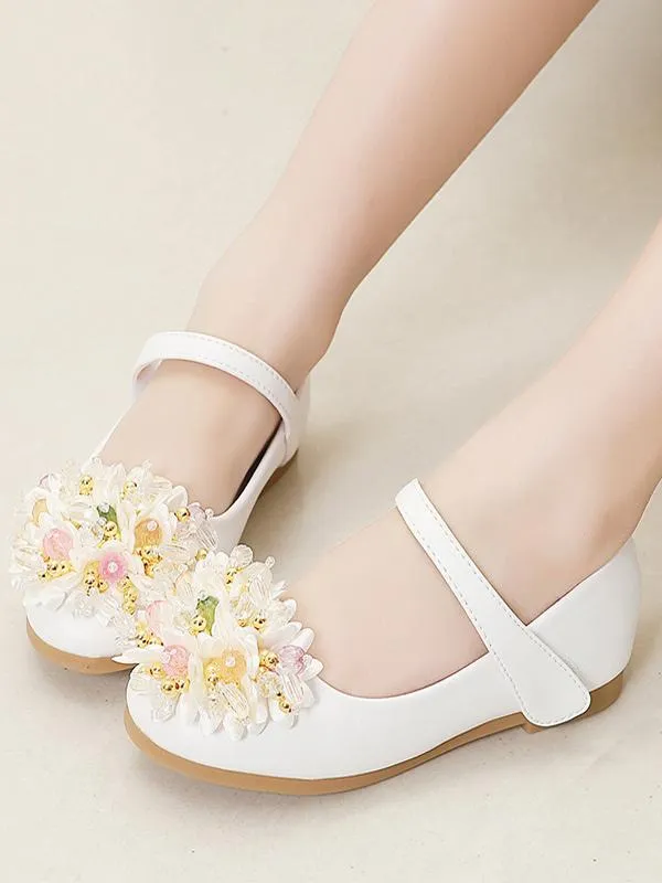 Flower Girl Shoes White PU Leather Flowers Party Shoes For Kids