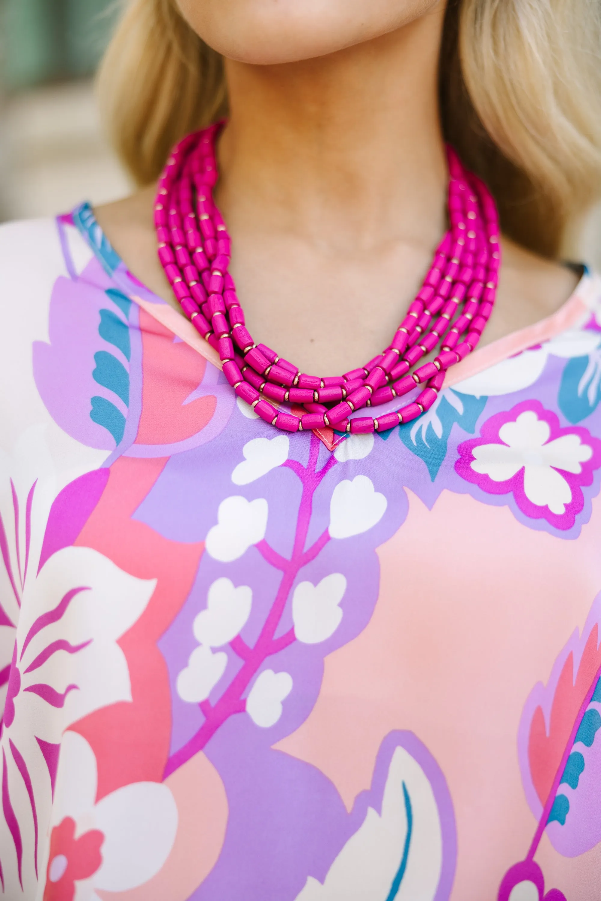 Fuchsia Pink Beaded Layered Necklace, Take It All