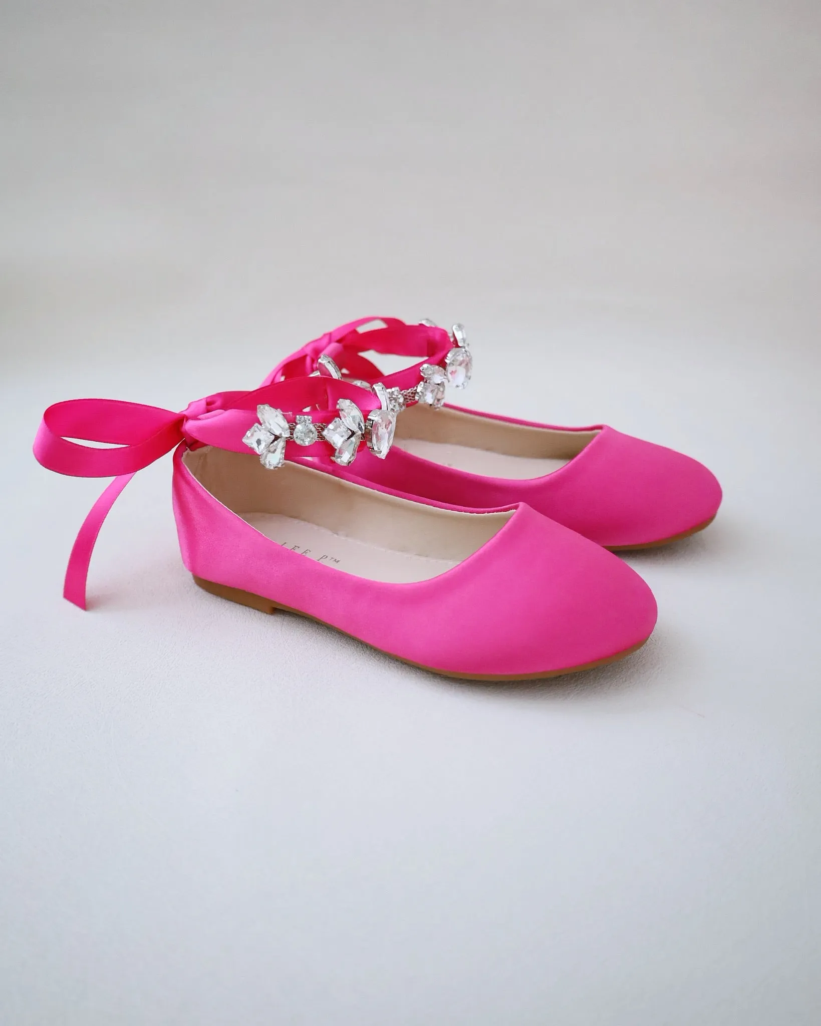 Fuchsia Satin Flats with Rhinestone Clusters