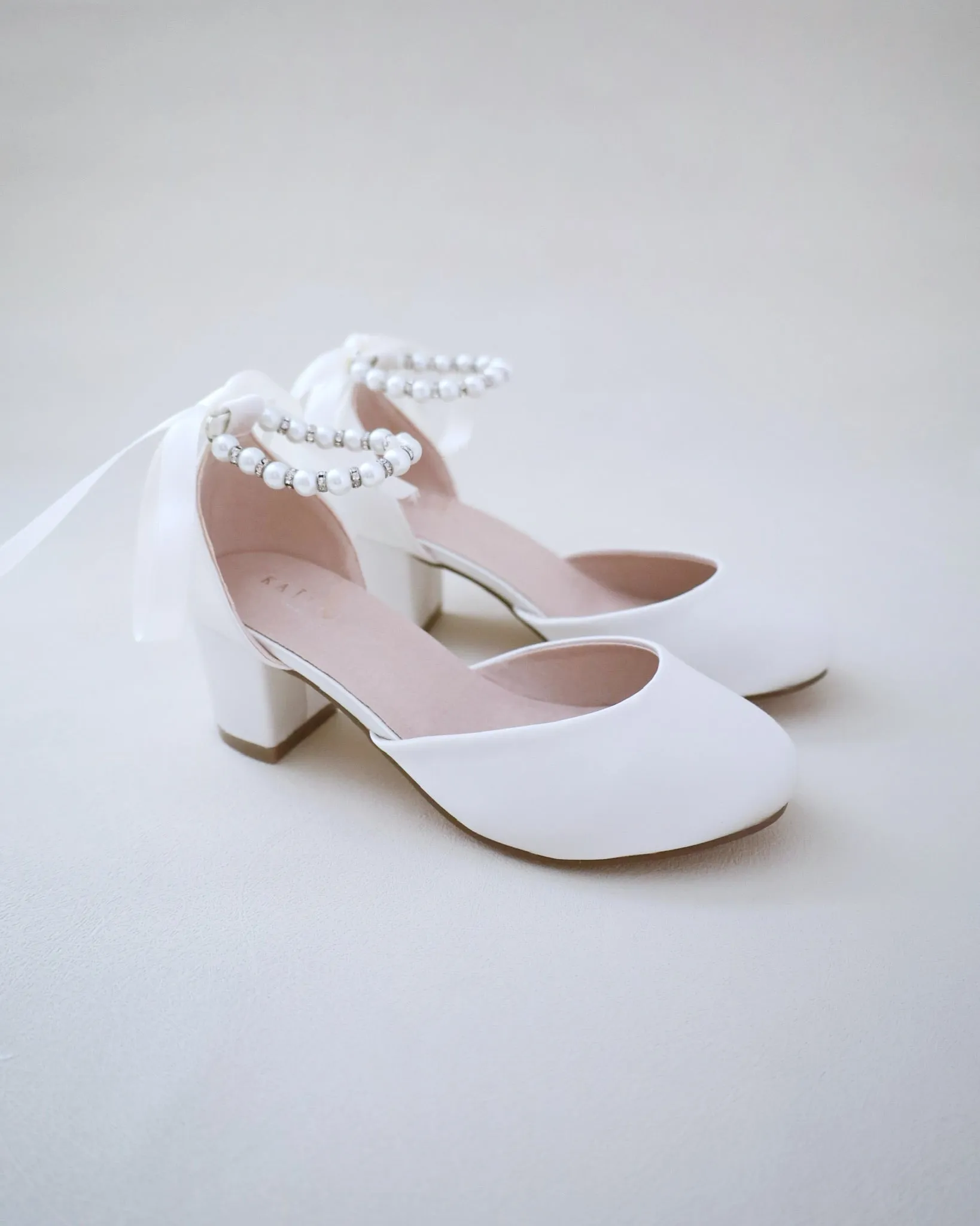 Girls Pearl Ankle Strap Satin Block Heel