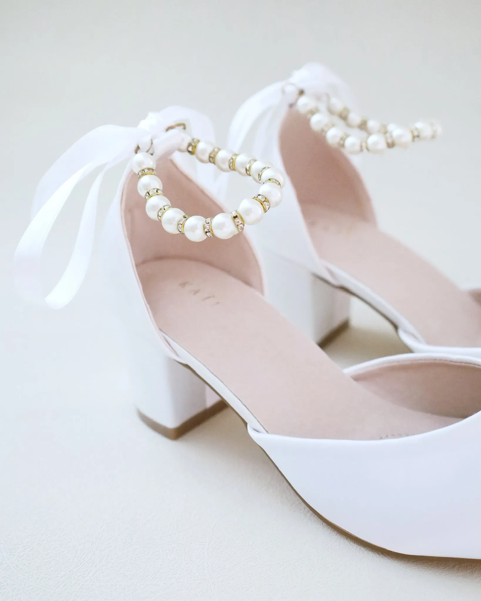 Girls Pearl Ankle Strap Satin Block Heel