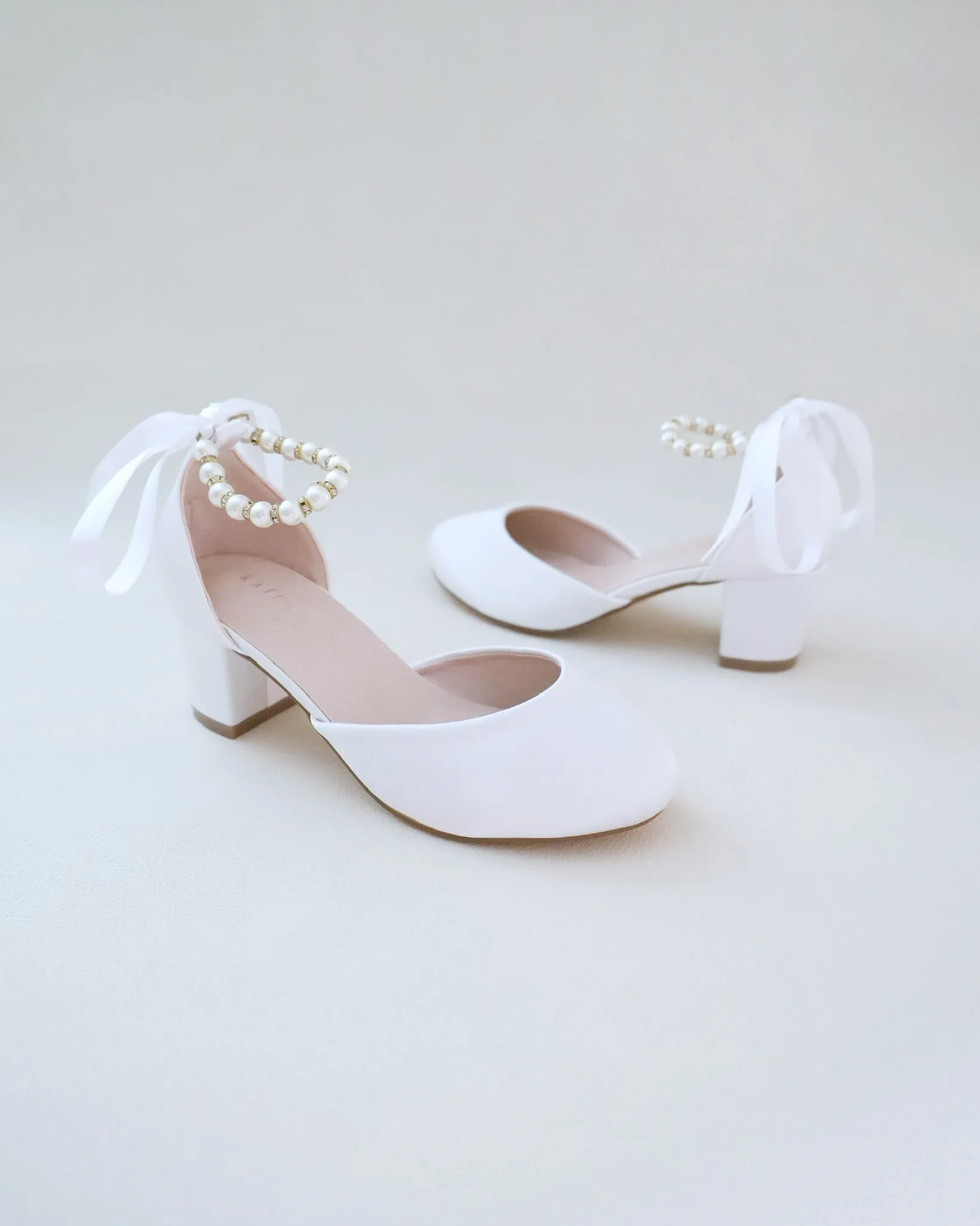 Girls Pearl Ankle Strap Satin Block Heel