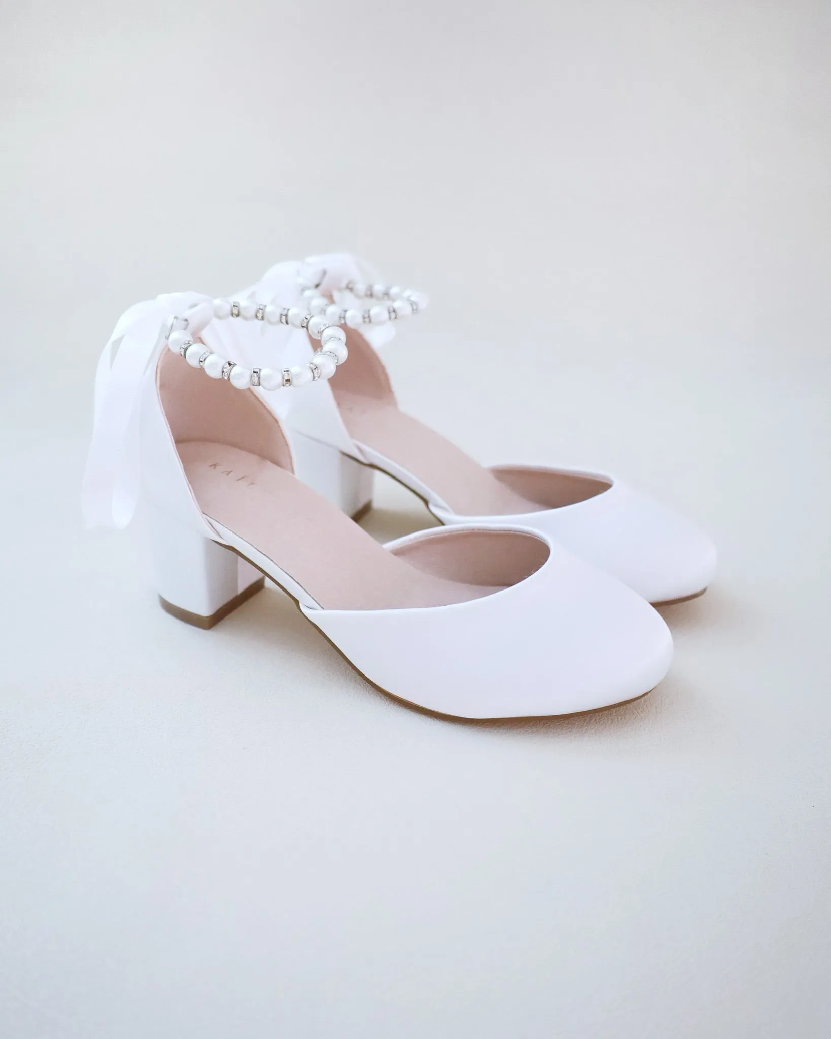 Girls Pearl Ankle Strap Satin Block Heel