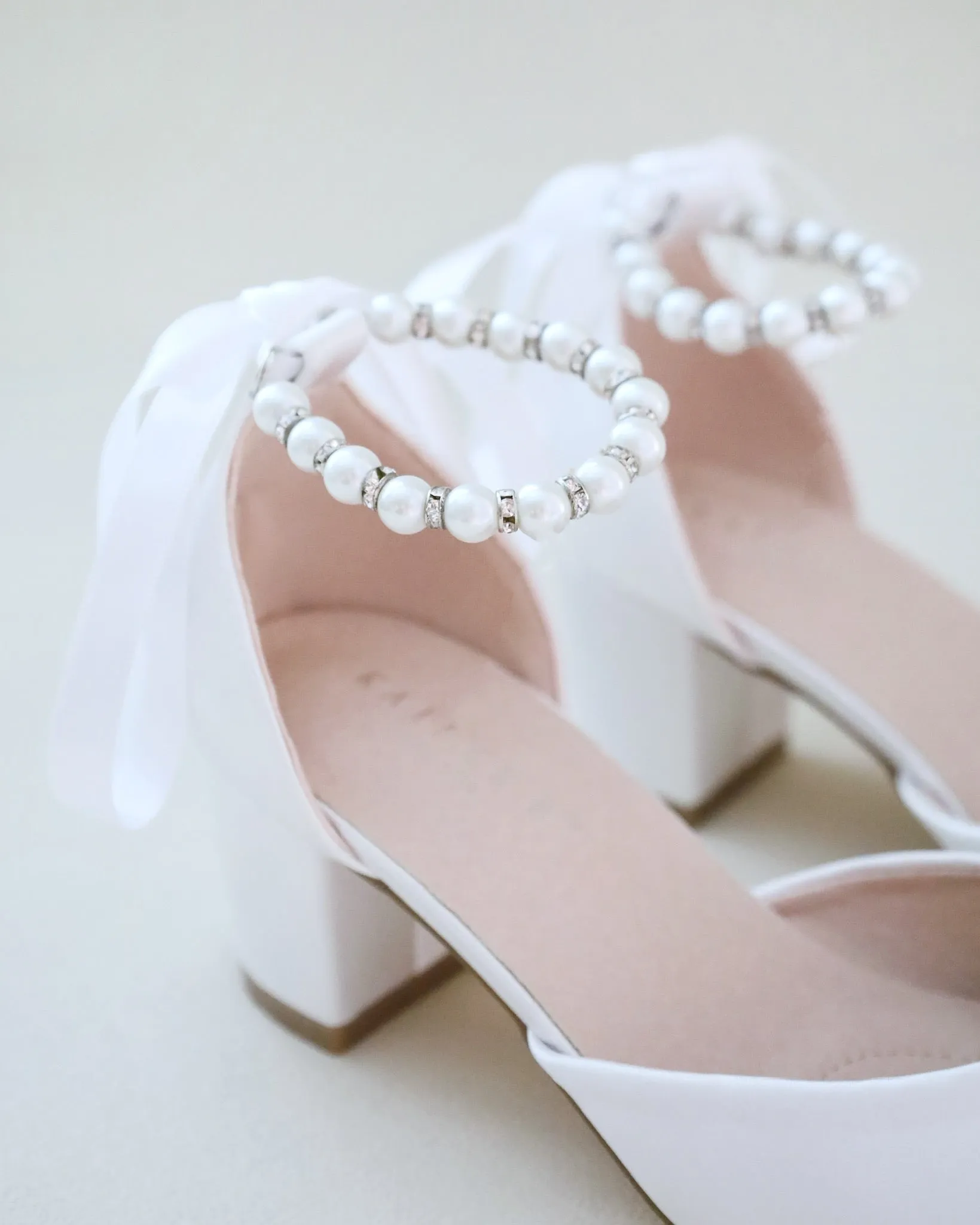 Girls Pearl Ankle Strap Satin Block Heel