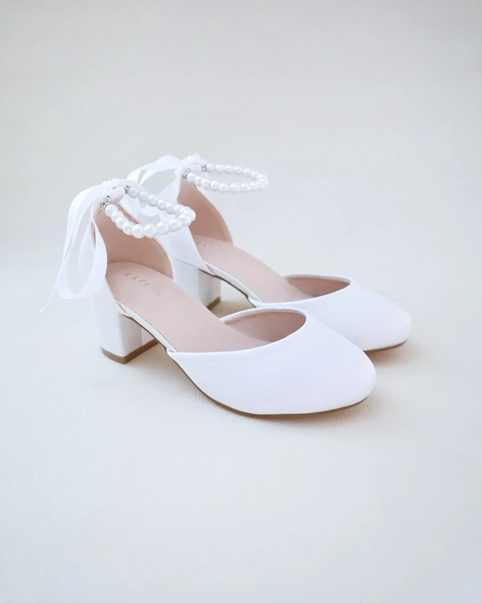 Girls Pearl Ankle Strap Satin Block Heel