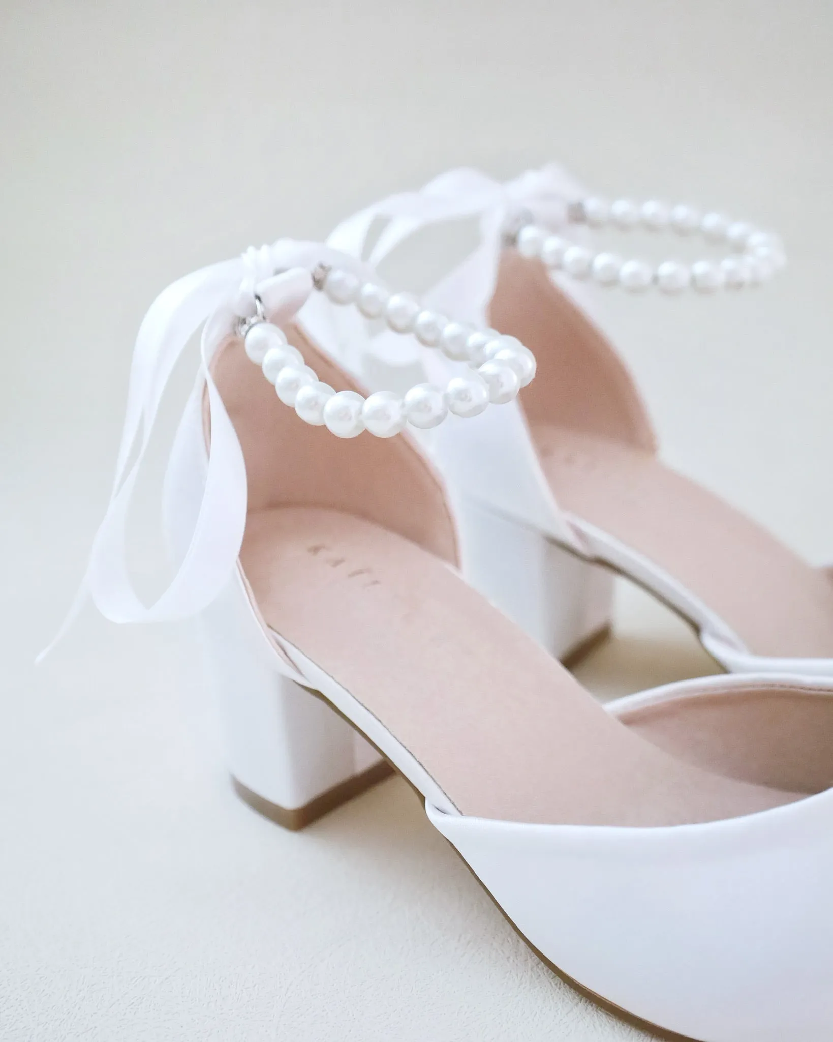 Girls Pearl Ankle Strap Satin Block Heel