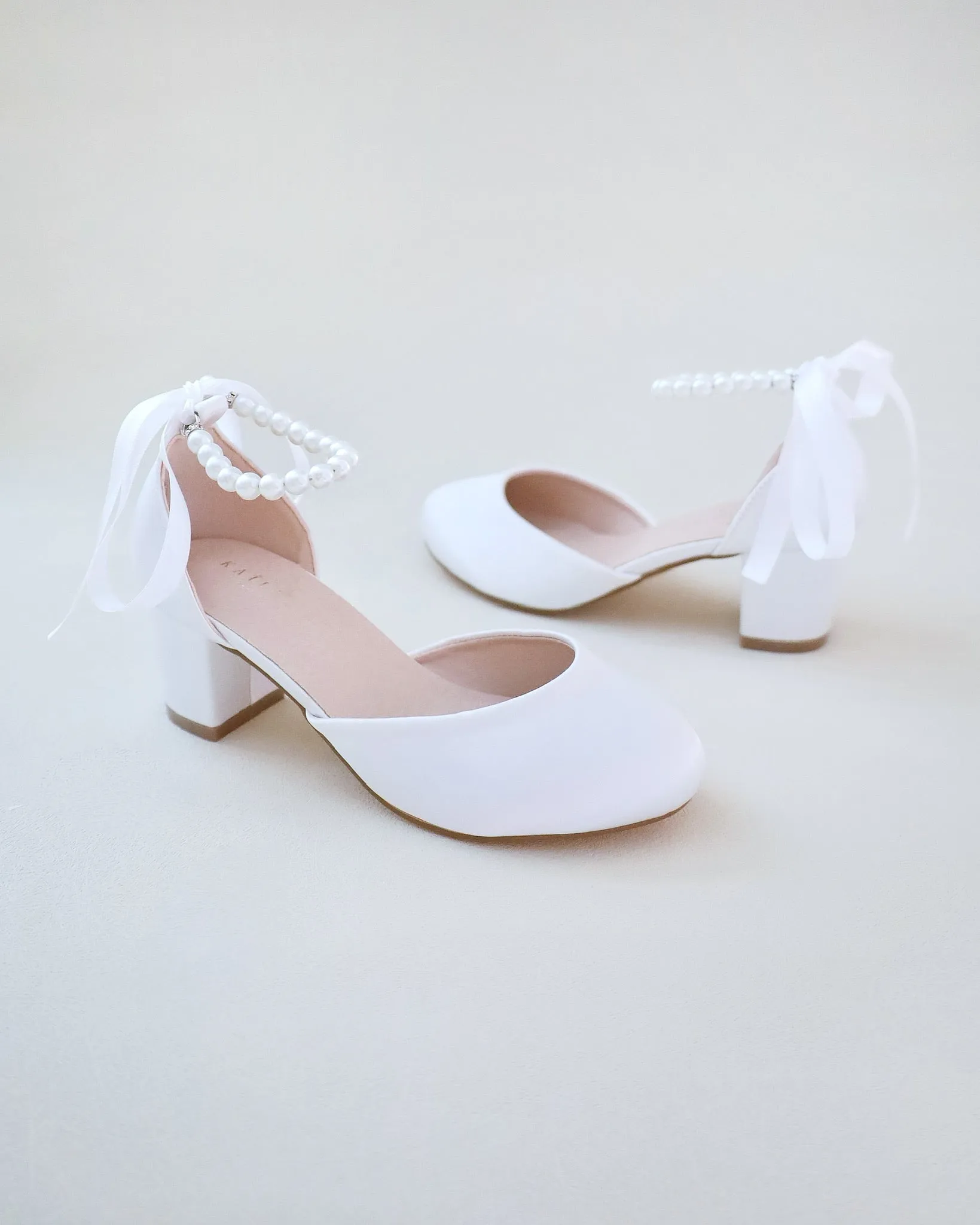 Girls Pearl Ankle Strap Satin Block Heel