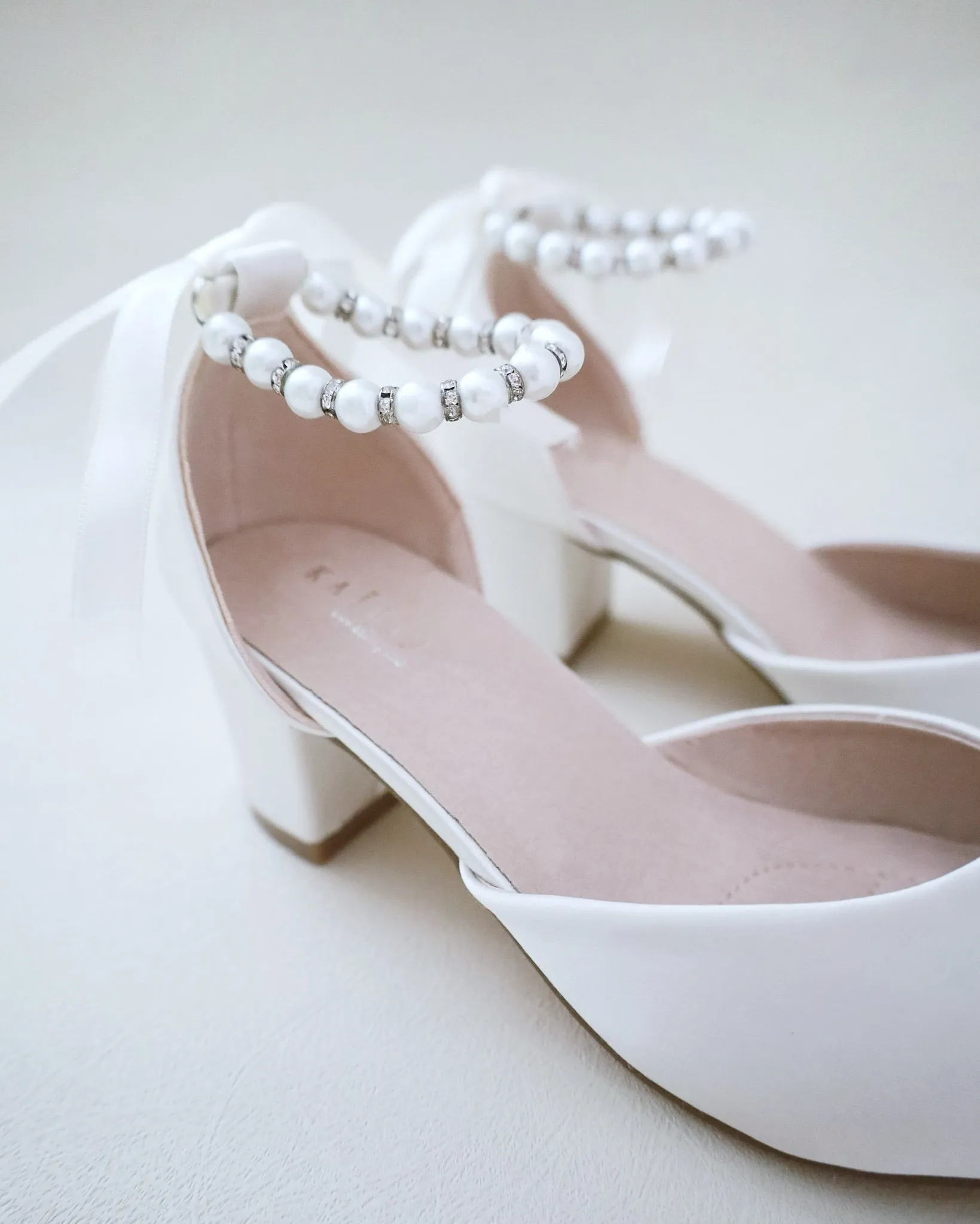 Girls Pearl Ankle Strap Satin Block Heel